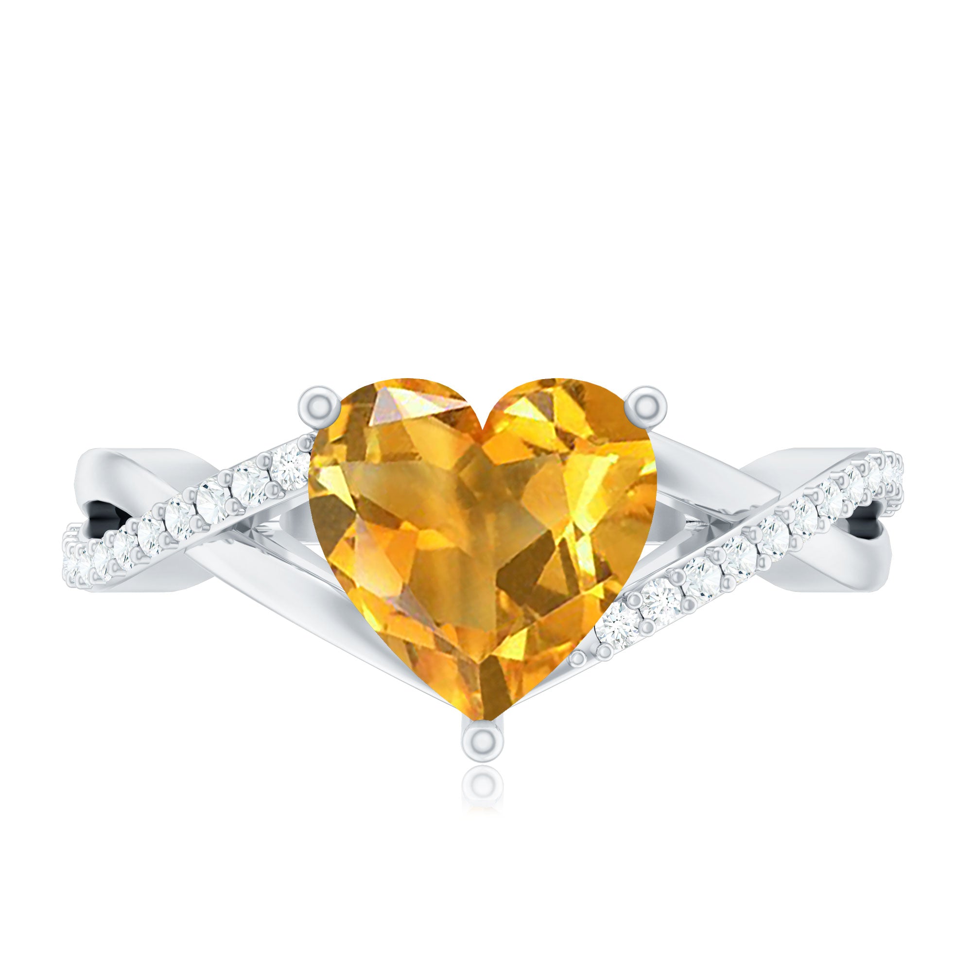 Natural 8mm Citrine Heart Engagement Ring with Diamond Crossover Shank AAA - Rosec Jewels