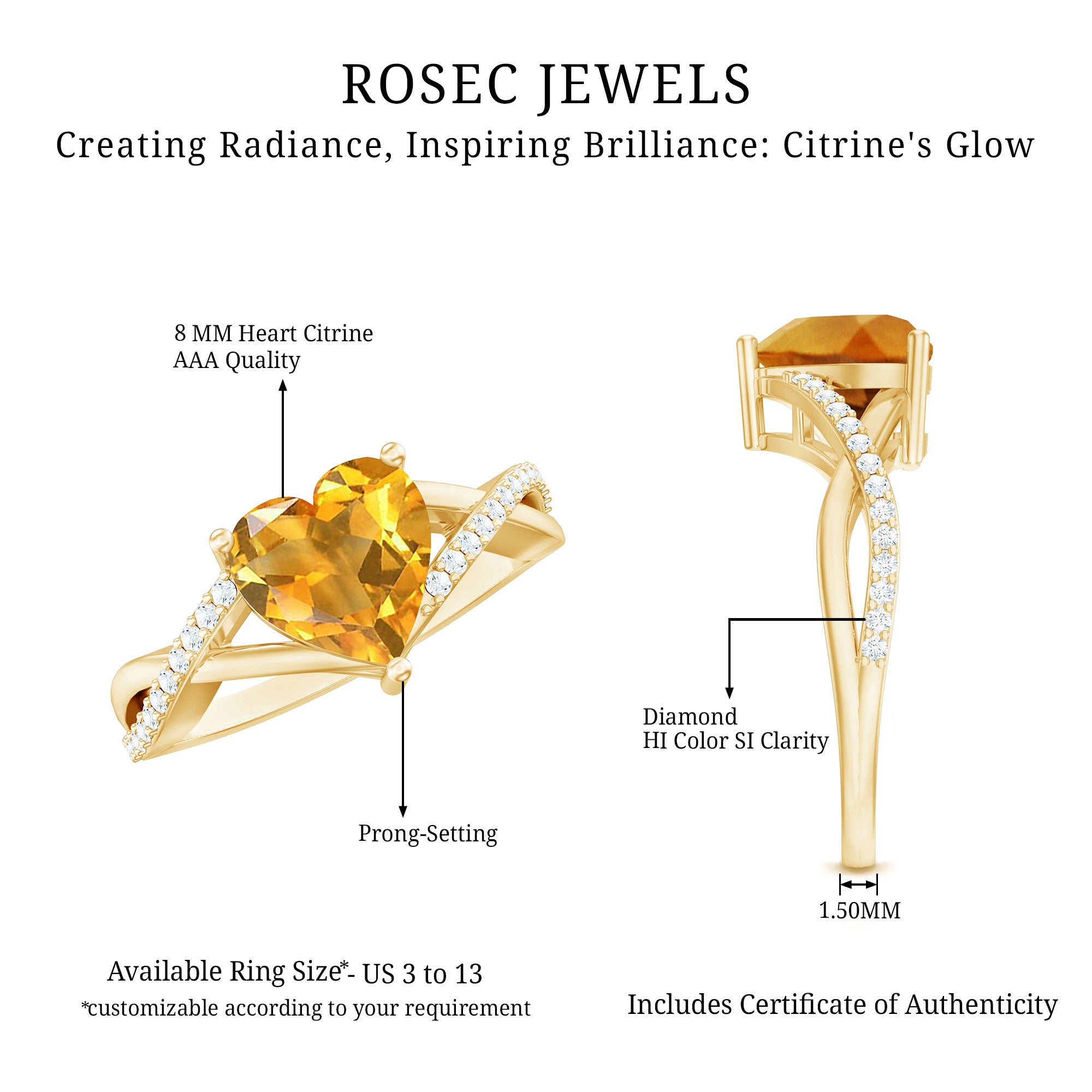 Natural 8mm Citrine Heart Engagement Ring with Diamond Crossover Shank AAA - Rosec Jewels