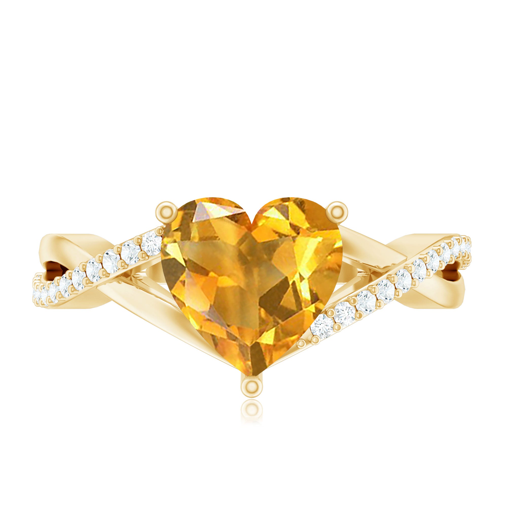 Natural 8mm Citrine Heart Engagement Ring with Diamond Crossover Shank AAA - Rosec Jewels