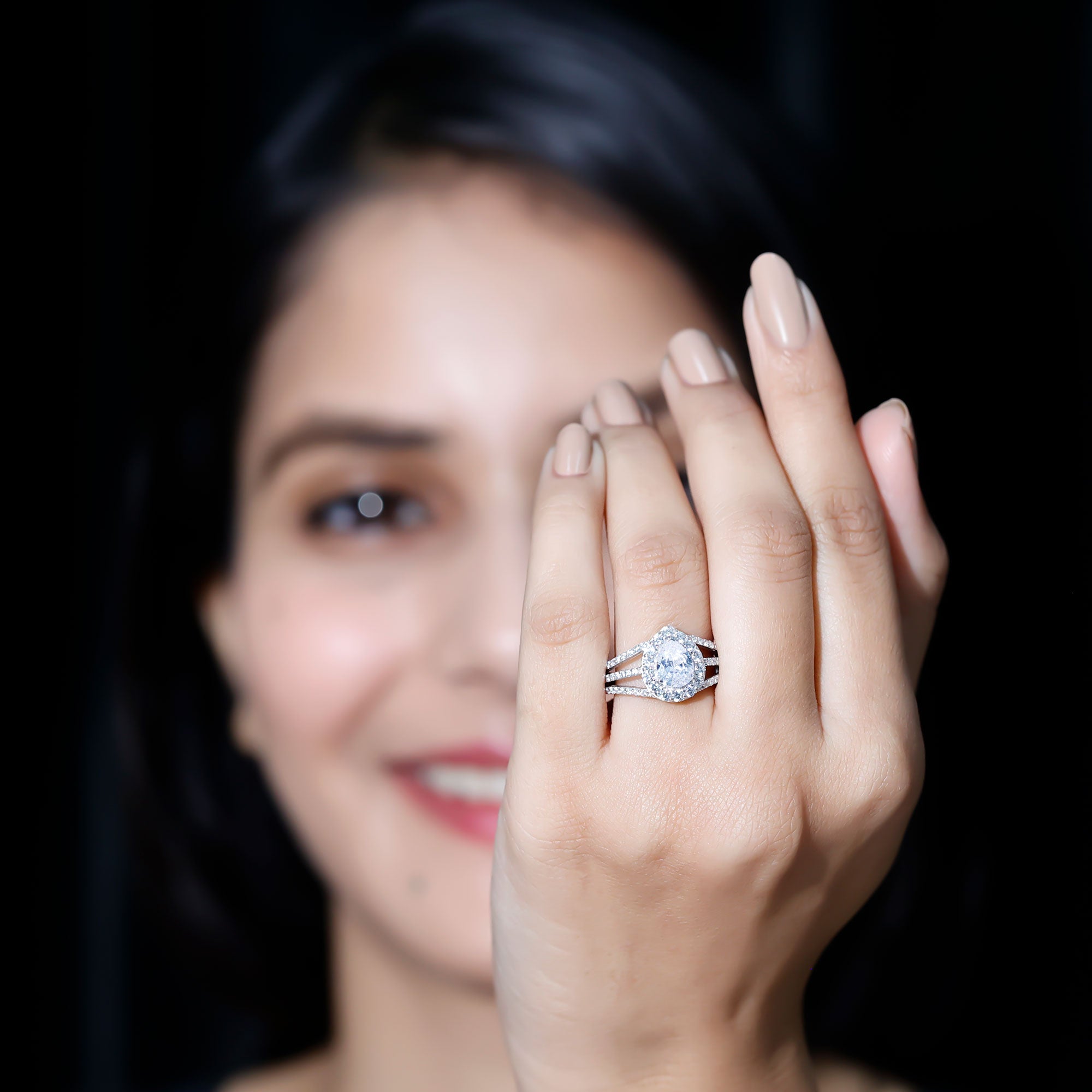 Pear Shaped Cubic Zirconia Split Shank Engagement Ring for Women AAAA - Rosec Jewels
