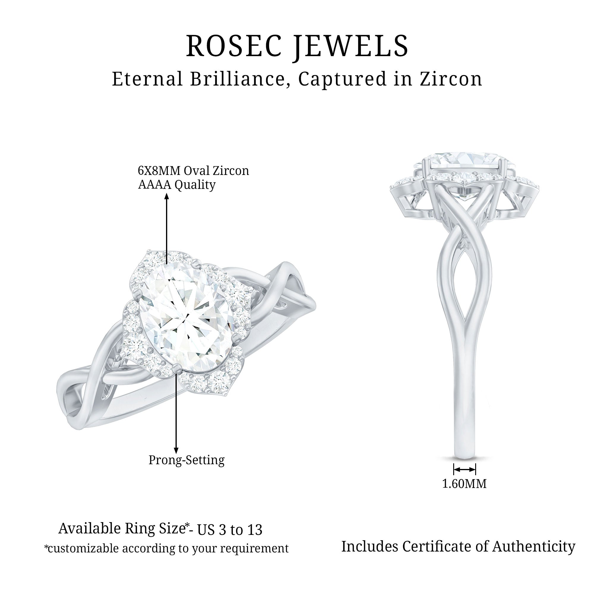 2.25 CT Crossover Shank Oval Zircon Flower Engagement Ring AAAA - Rosec Jewels