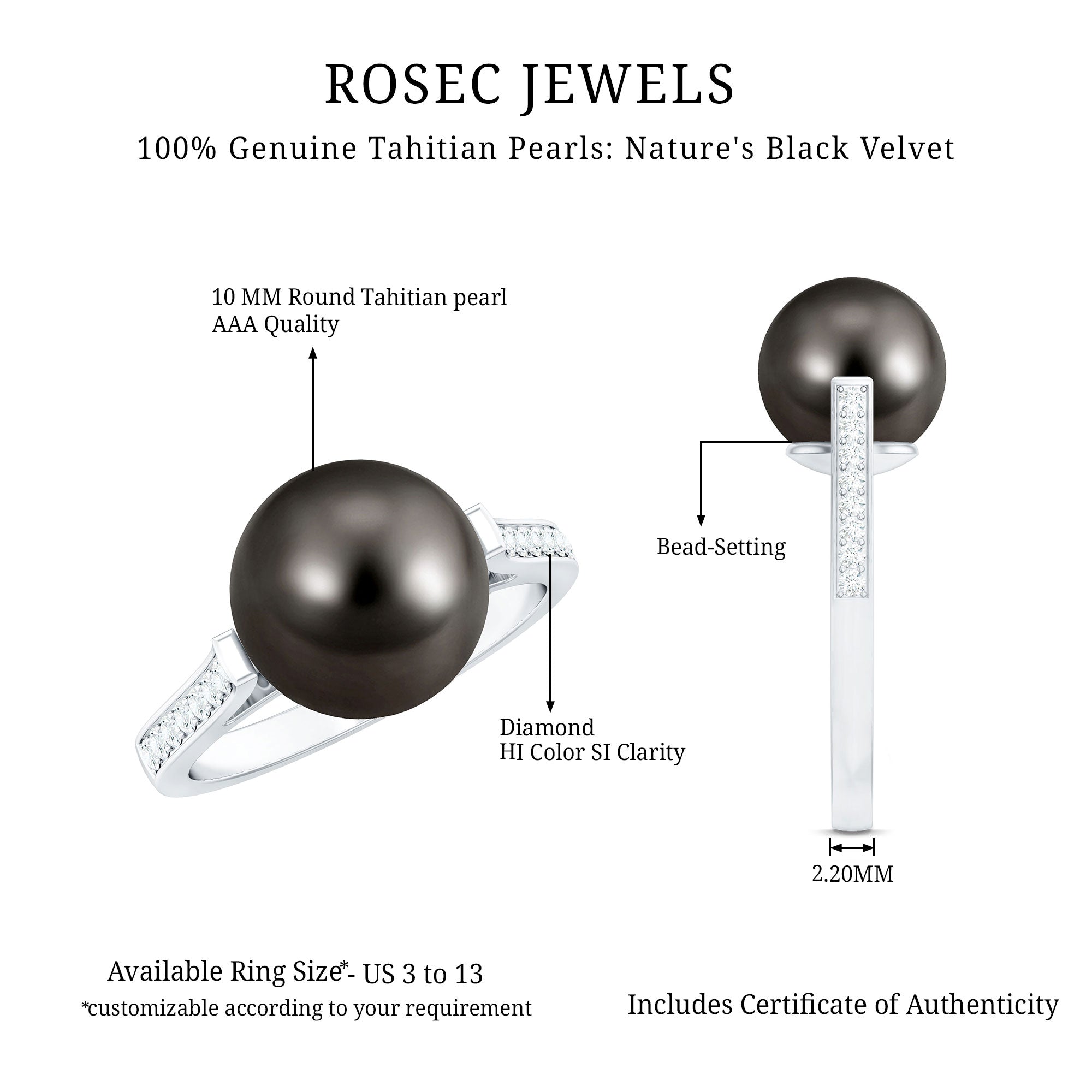 Real Tahitian Pearl Solitaire Engagement Ring with Diamond AAA - Rosec Jewels