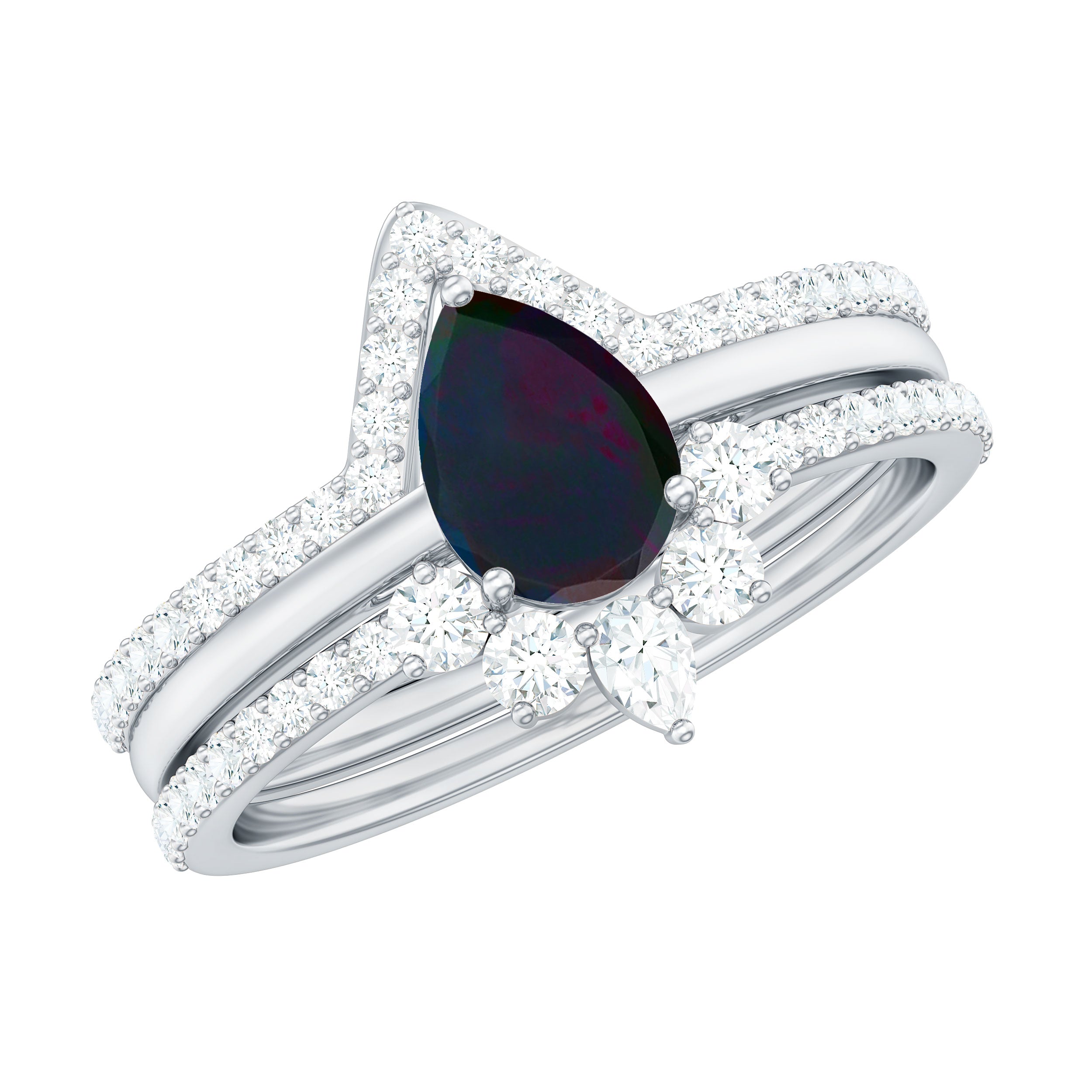 Natural Black Opal Bridal Ring Set With Moissanite AAA - Rosec Jewels