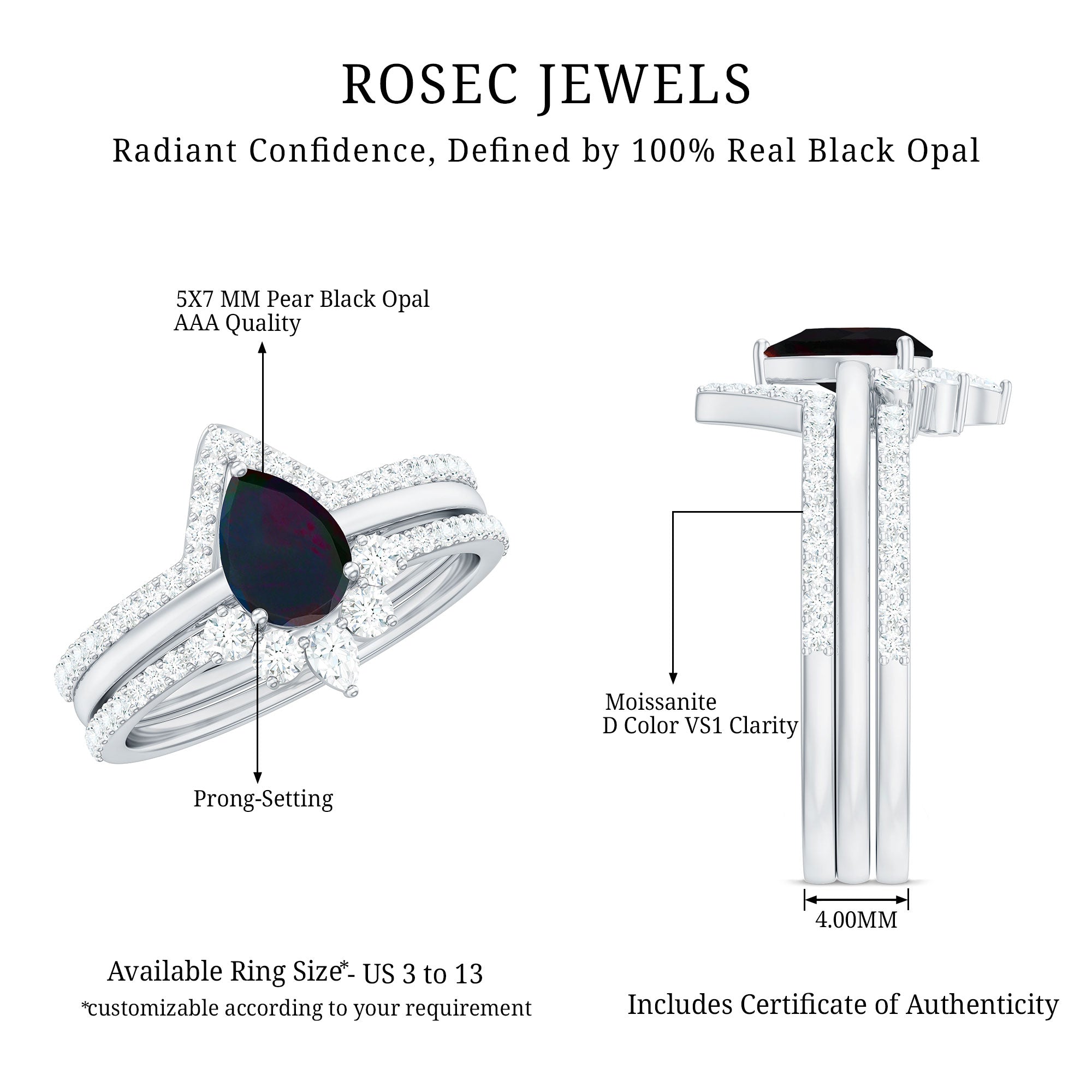 Natural Black Opal Bridal Ring Set With Moissanite AAA - Rosec Jewels