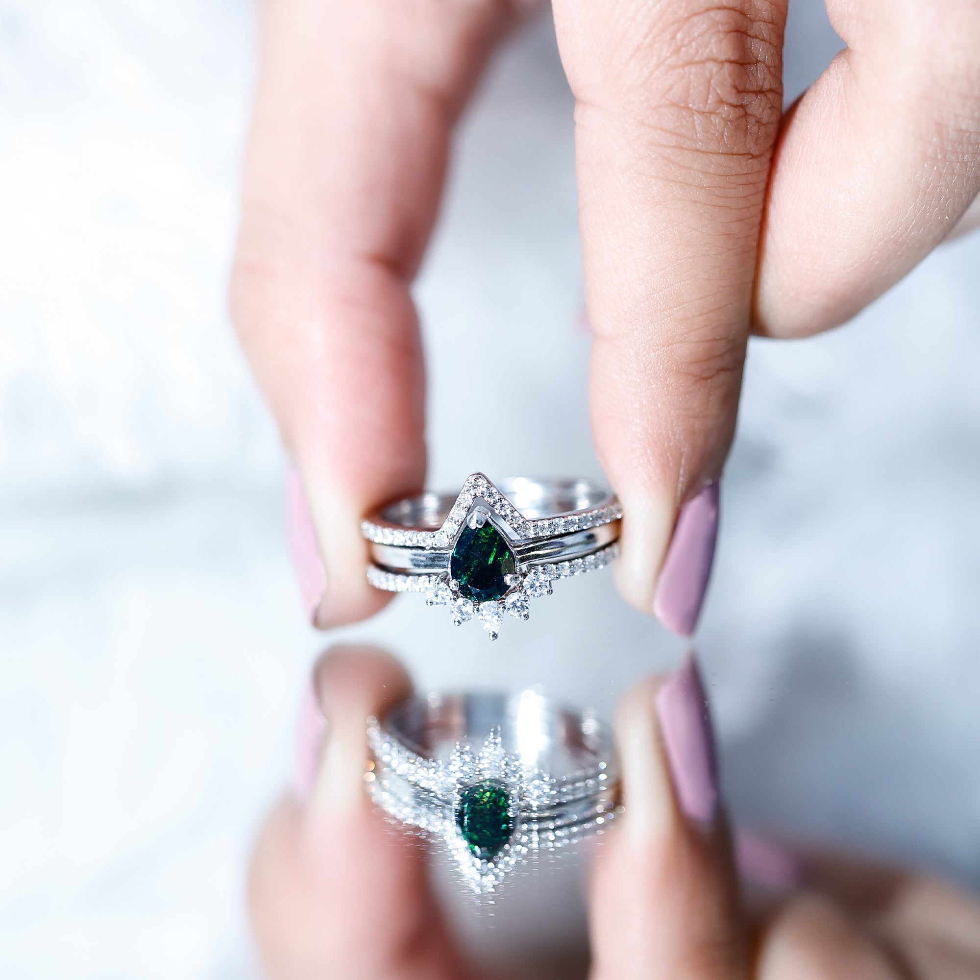 Natural Black Opal Bridal Ring Set With Moissanite AAA - Rosec Jewels