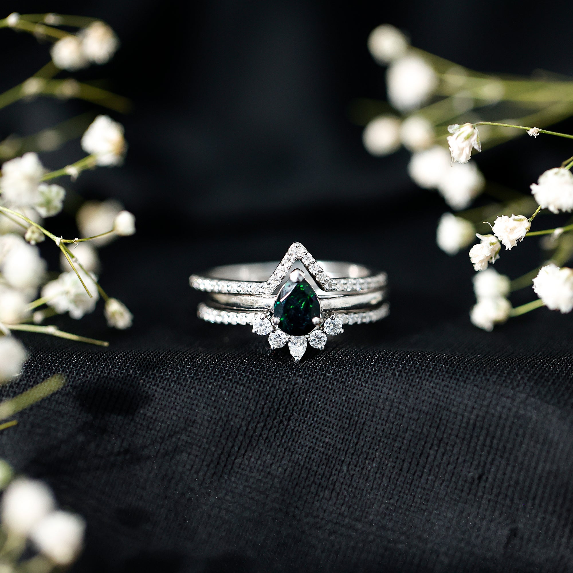Natural Black Opal Bridal Ring Set With Moissanite AAA - Rosec Jewels