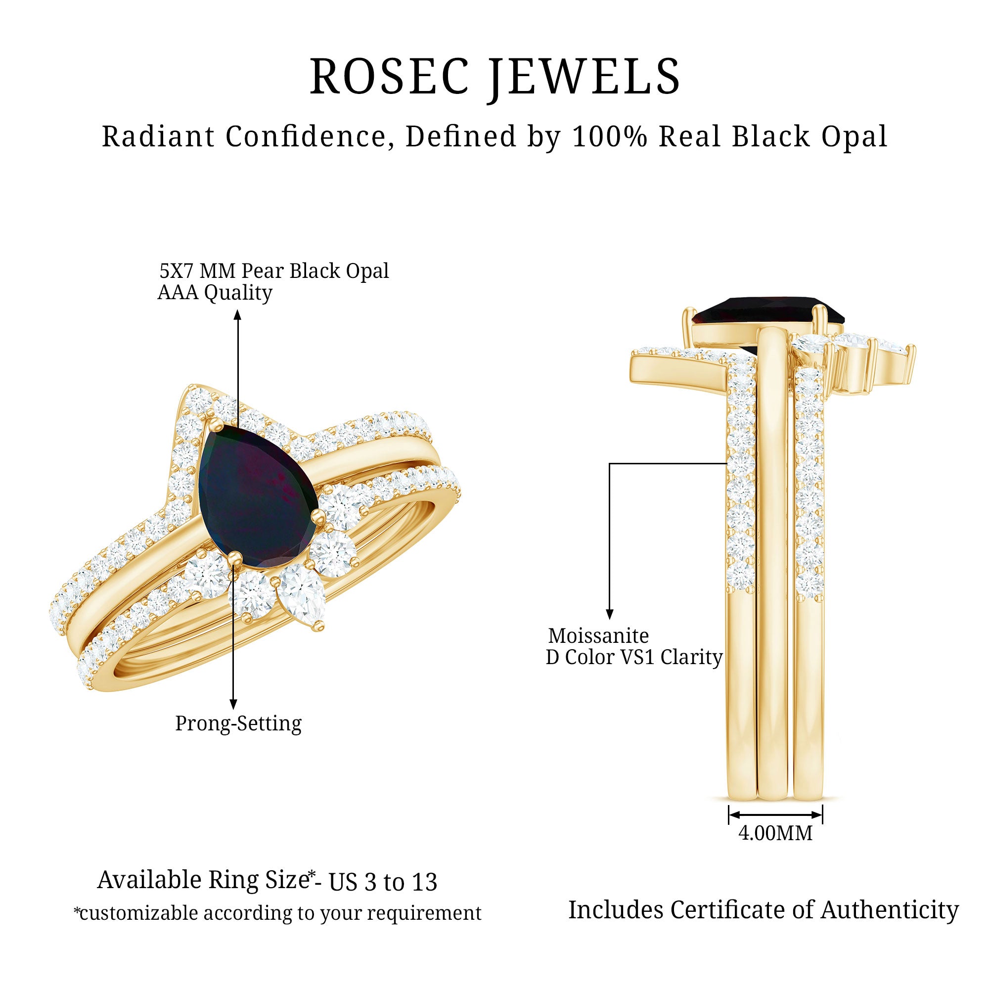 Natural Black Opal Bridal Ring Set With Moissanite AAA - Rosec Jewels