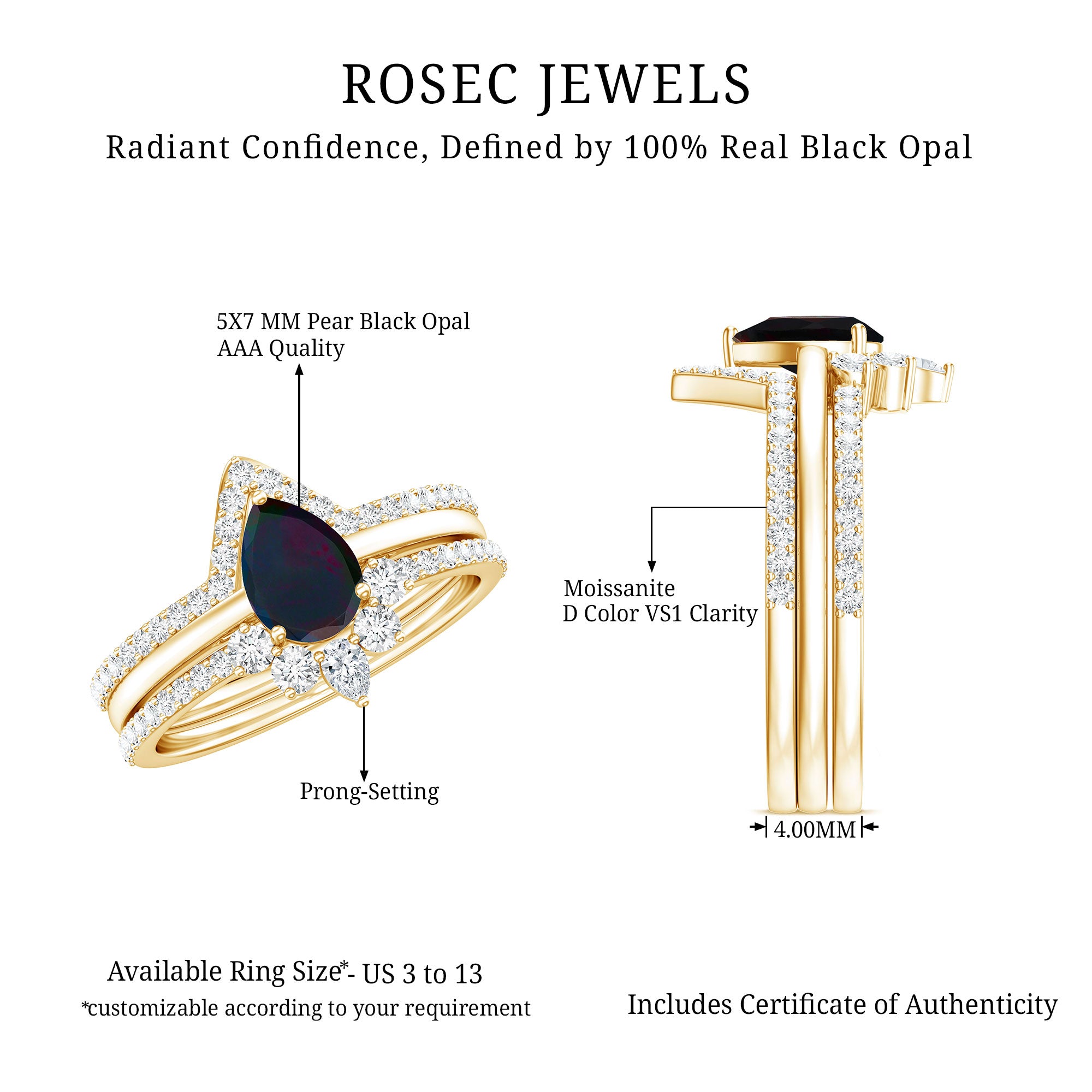Natural Black Opal Bridal Ring Set With Moissanite AAA - Rosec Jewels