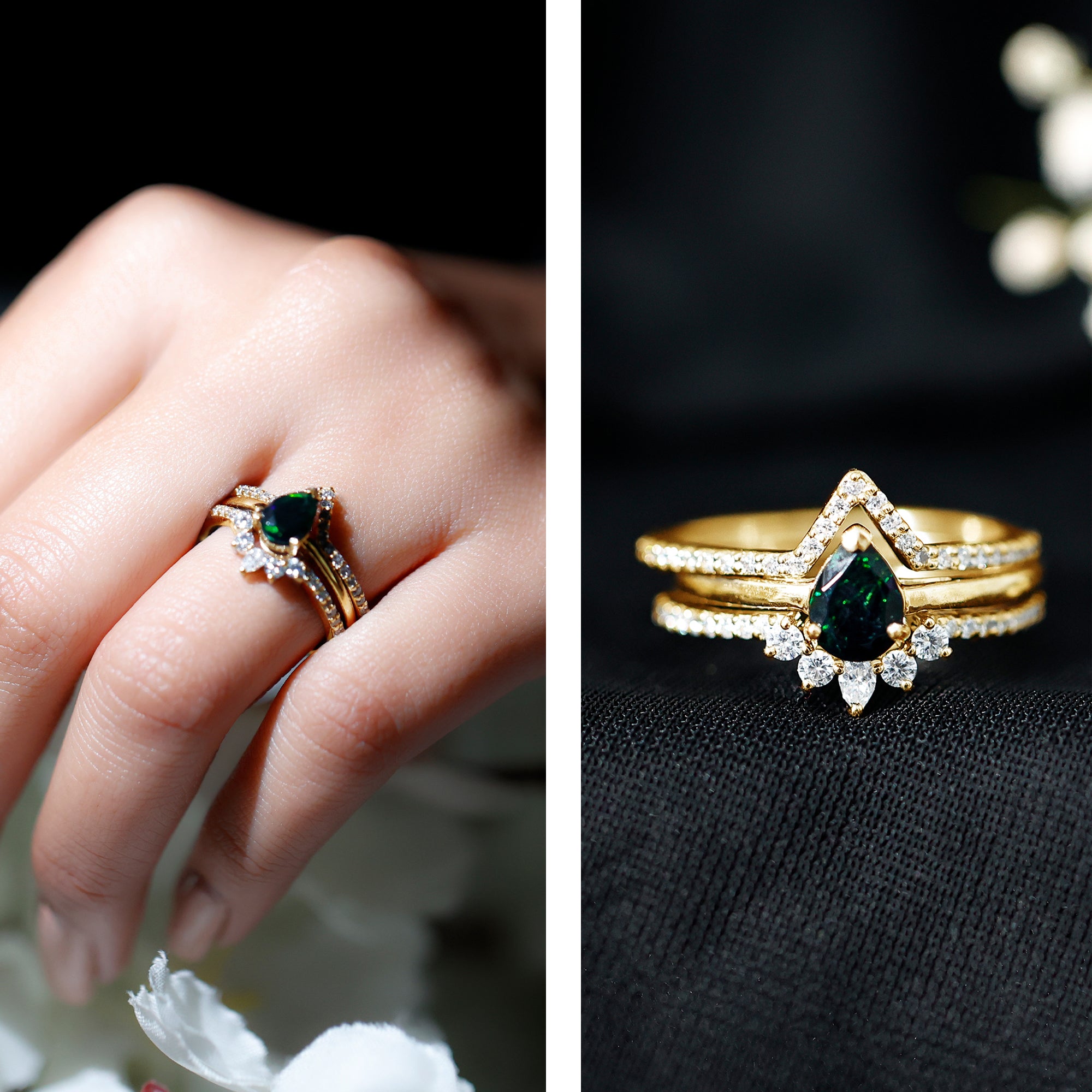 Natural Black Opal Bridal Ring Set With Moissanite AAA - Rosec Jewels