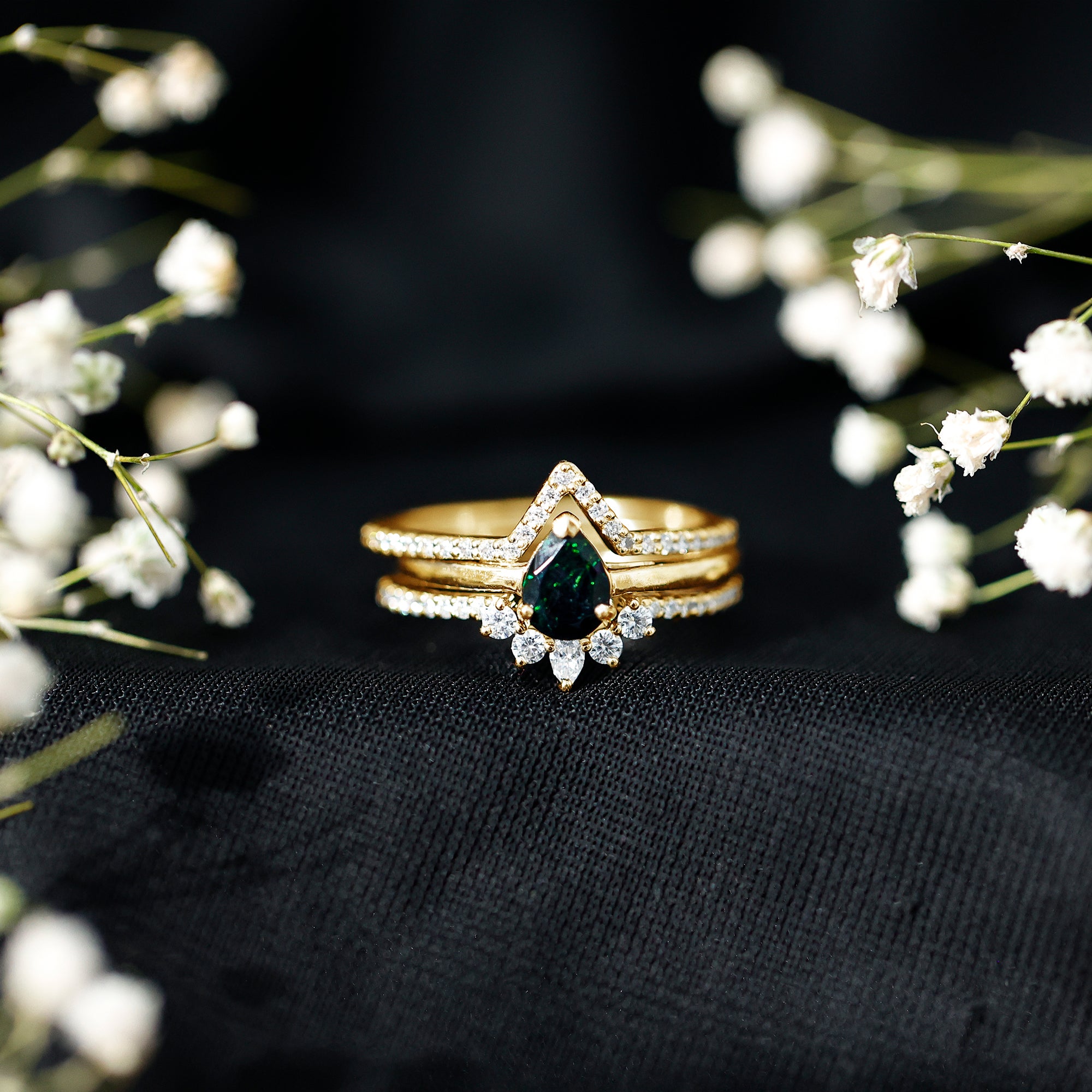 Natural Black Opal Bridal Ring Set With Moissanite AAA - Rosec Jewels