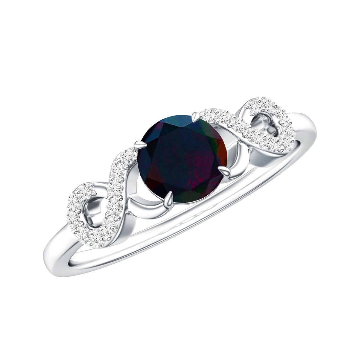 Round Black Opal Criss Cross Promise Ring with Diamond AAA - Rosec Jewels