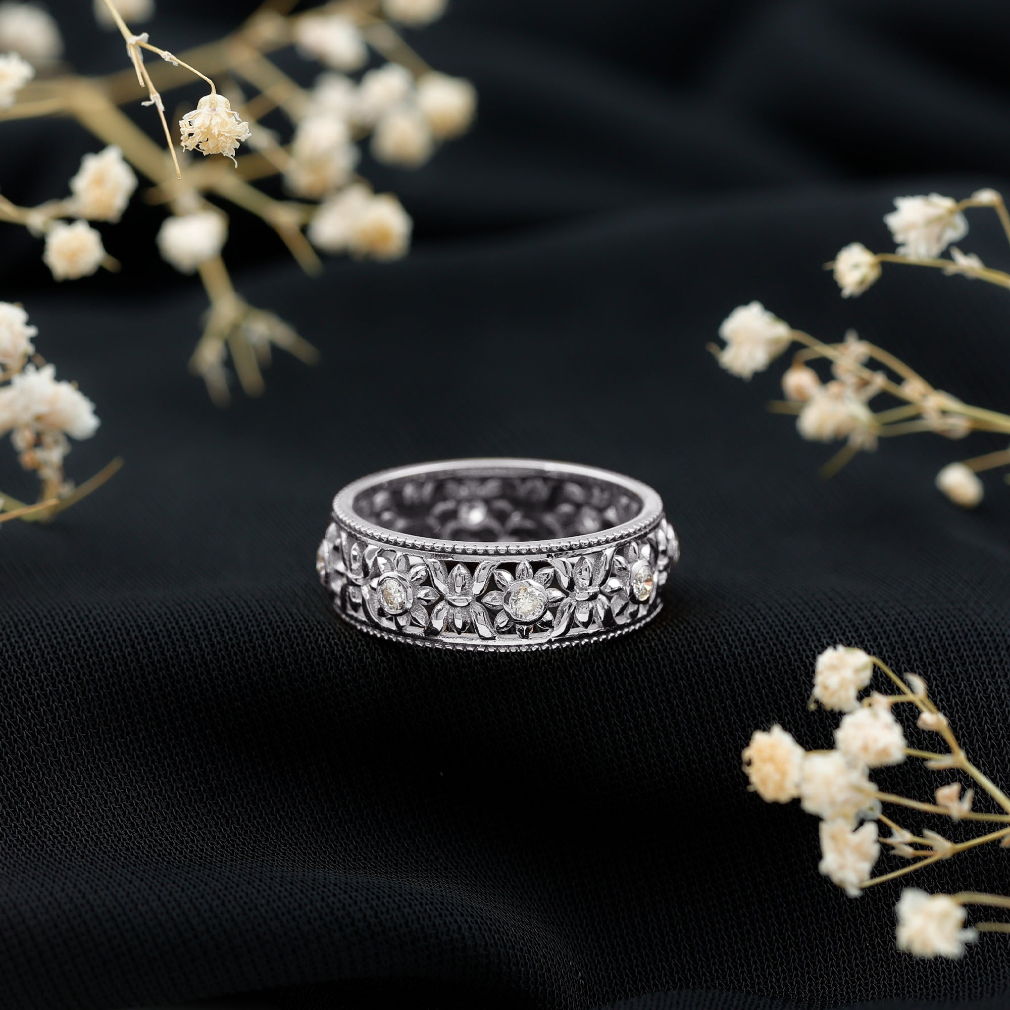 Floral Inspired Lab Grown Diamond Filigree Wedding Band Lab - ( EF-VS ) - Rosec Jewels