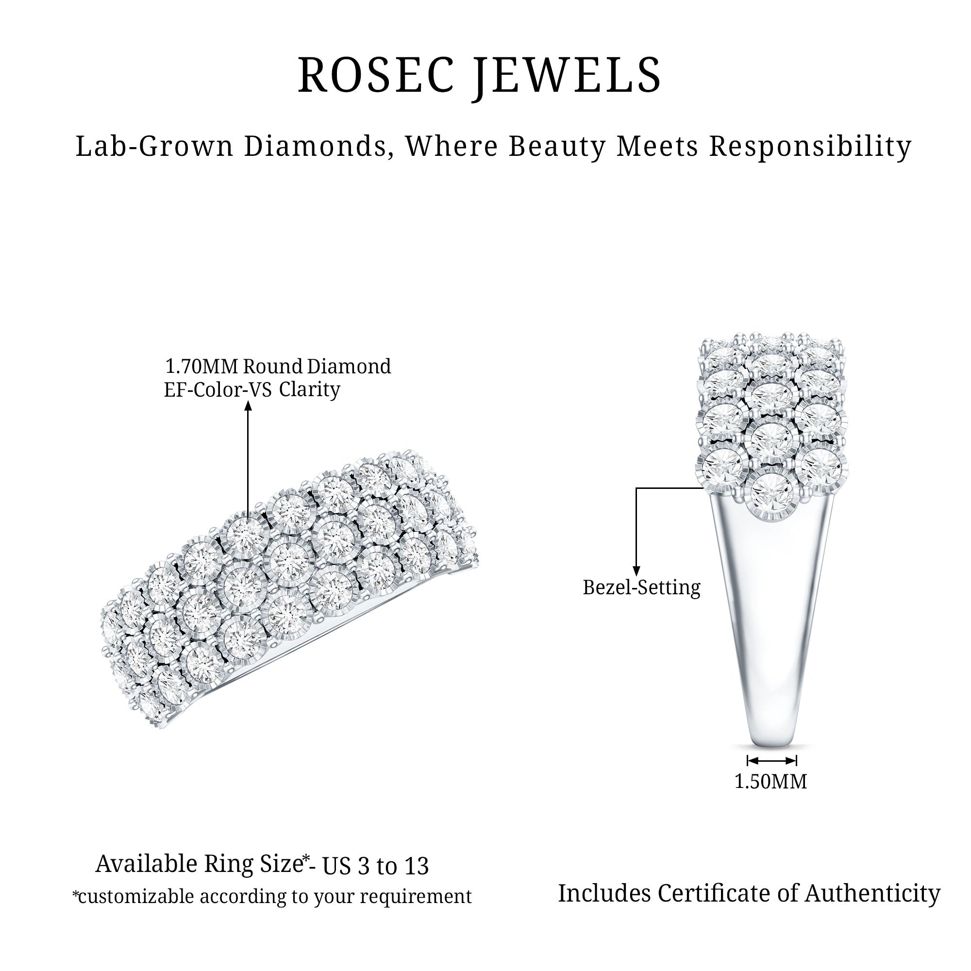3 Row Lab Grown Diamond Wide Wedding Band with Certificate Lab - ( EF-VS ) - Rosec Jewels