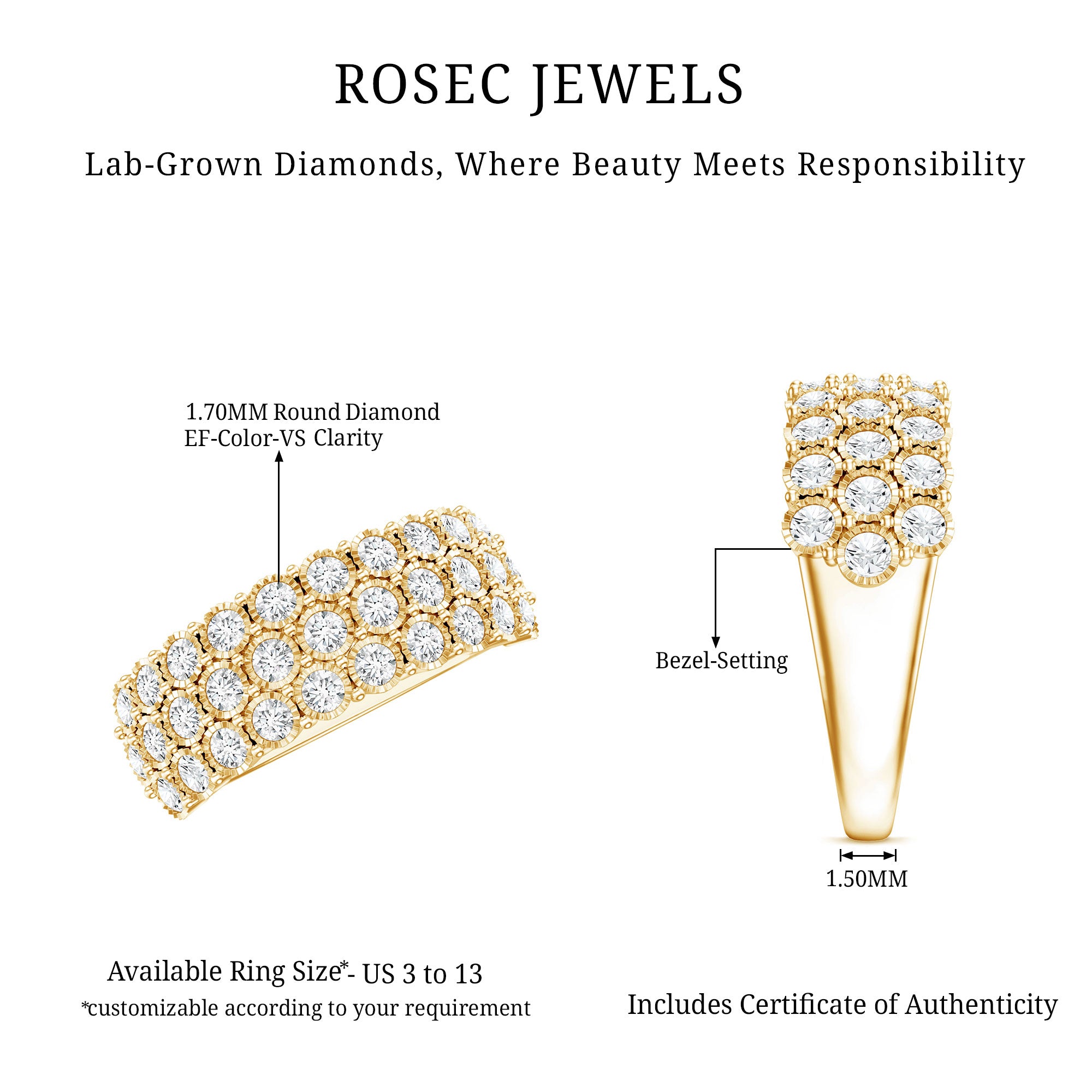 3 Row Lab Grown Diamond Wide Wedding Band with Certificate Lab - ( EF-VS ) - Rosec Jewels