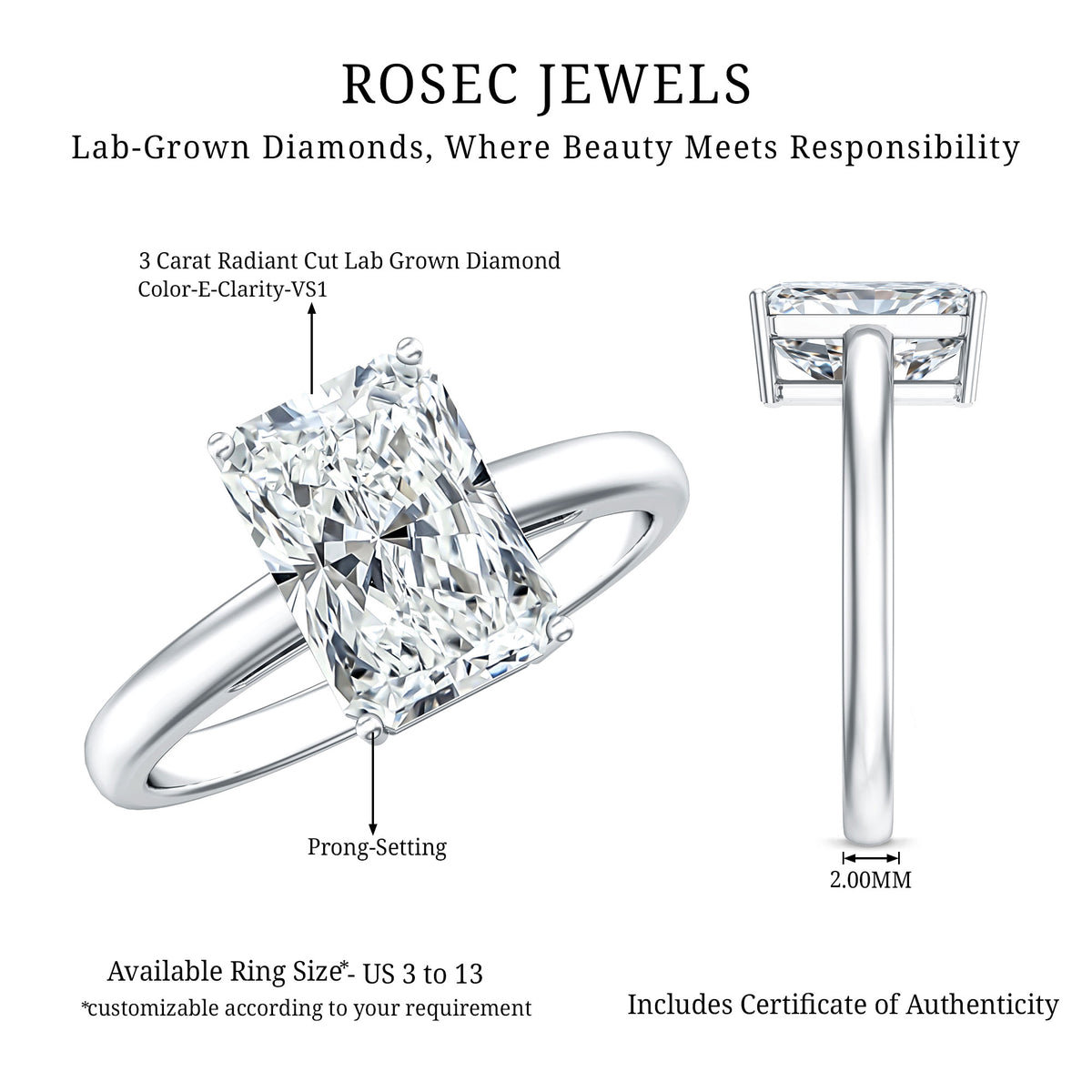 Solitaire 3 Carat Radiant Cut Lab Created Diamond Engagement Ring IGI Certified Lab - ( E-VS1 ) - Rosec Jewels