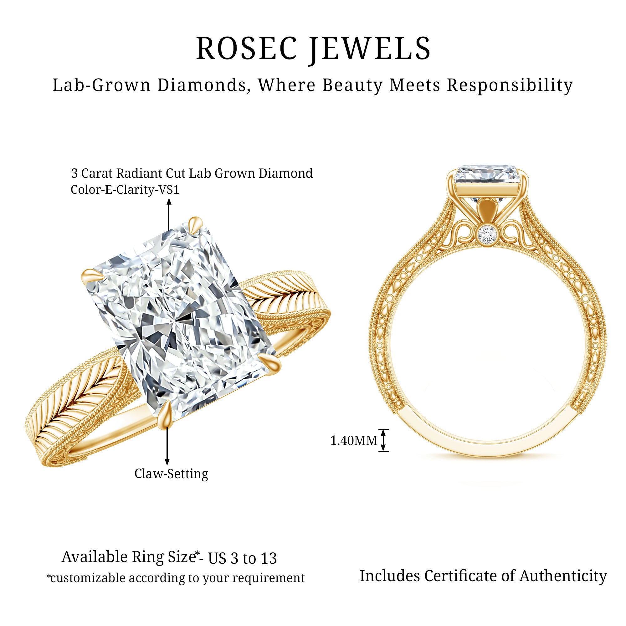 Vintage Inspired 3 Carat Radiant Cut Lab Grown Diamond Engagement Ring IGI Certified Lab - ( E-VS1 ) - Rosec Jewels