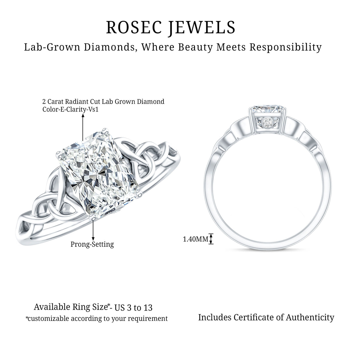 IGI Certified 2 Carat Lab Grown Diamond Radiant Cut Engagement Ring with Celtic Knot Lab - ( E-VS1 ) - Rosec Jewels