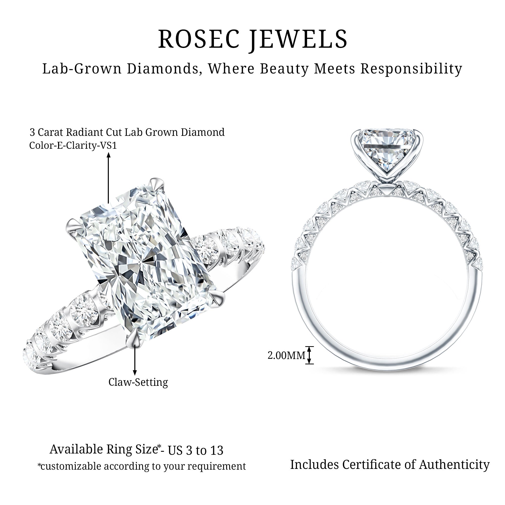 Rosec Jewels-Lab Grown 3 Carat Diamond Radiant Cut Engagement Ring with IGI Certificate