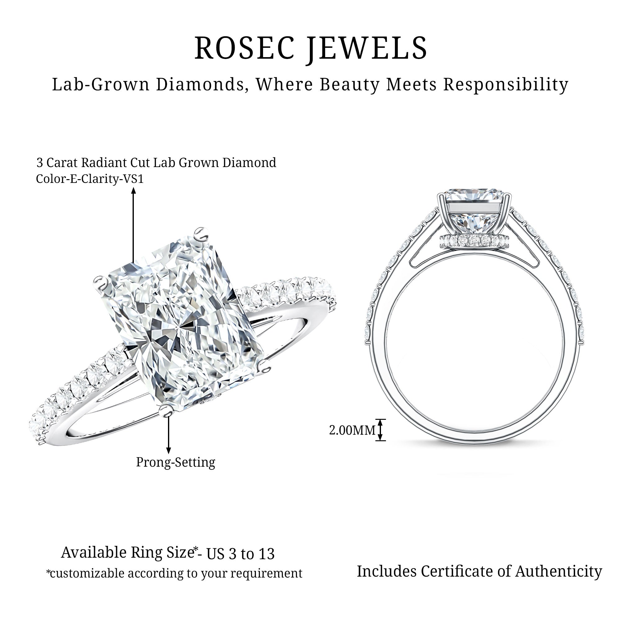 3 Carat Radiant Cut Lab Grown Diamond Hidden Halo Engagement Ring with IGI Certificate Lab - ( E-VS1 ) - Rosec Jewels