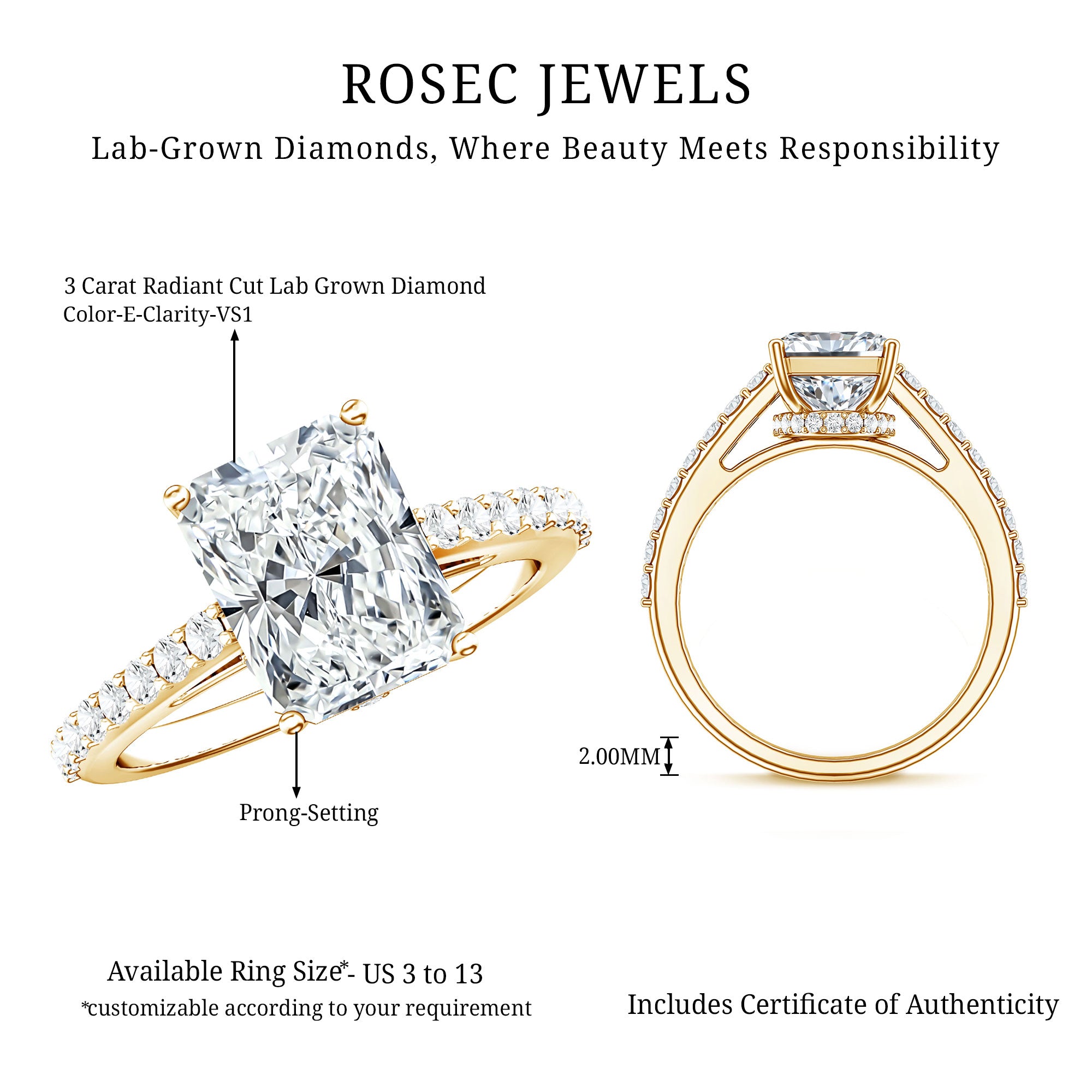 3 Carat Radiant Cut Lab Grown Diamond Hidden Halo Engagement Ring with IGI Certificate Lab - ( E-VS1 ) - Rosec Jewels