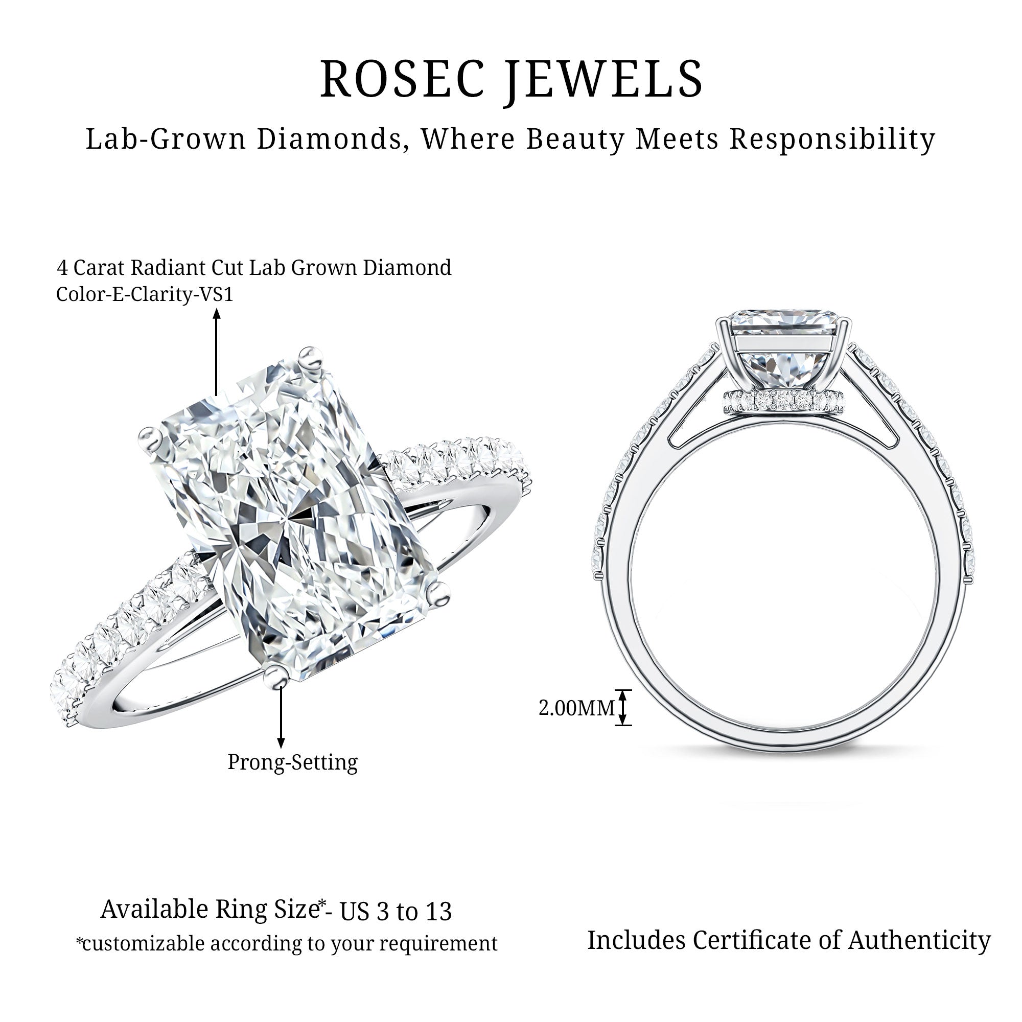 IGI Certified Radiant Cut 4 Carat Lab Grown Diamond Solitaire Engagement Ring with Hidden Halo Lab - ( E-VS1 ) - Rosec Jewels