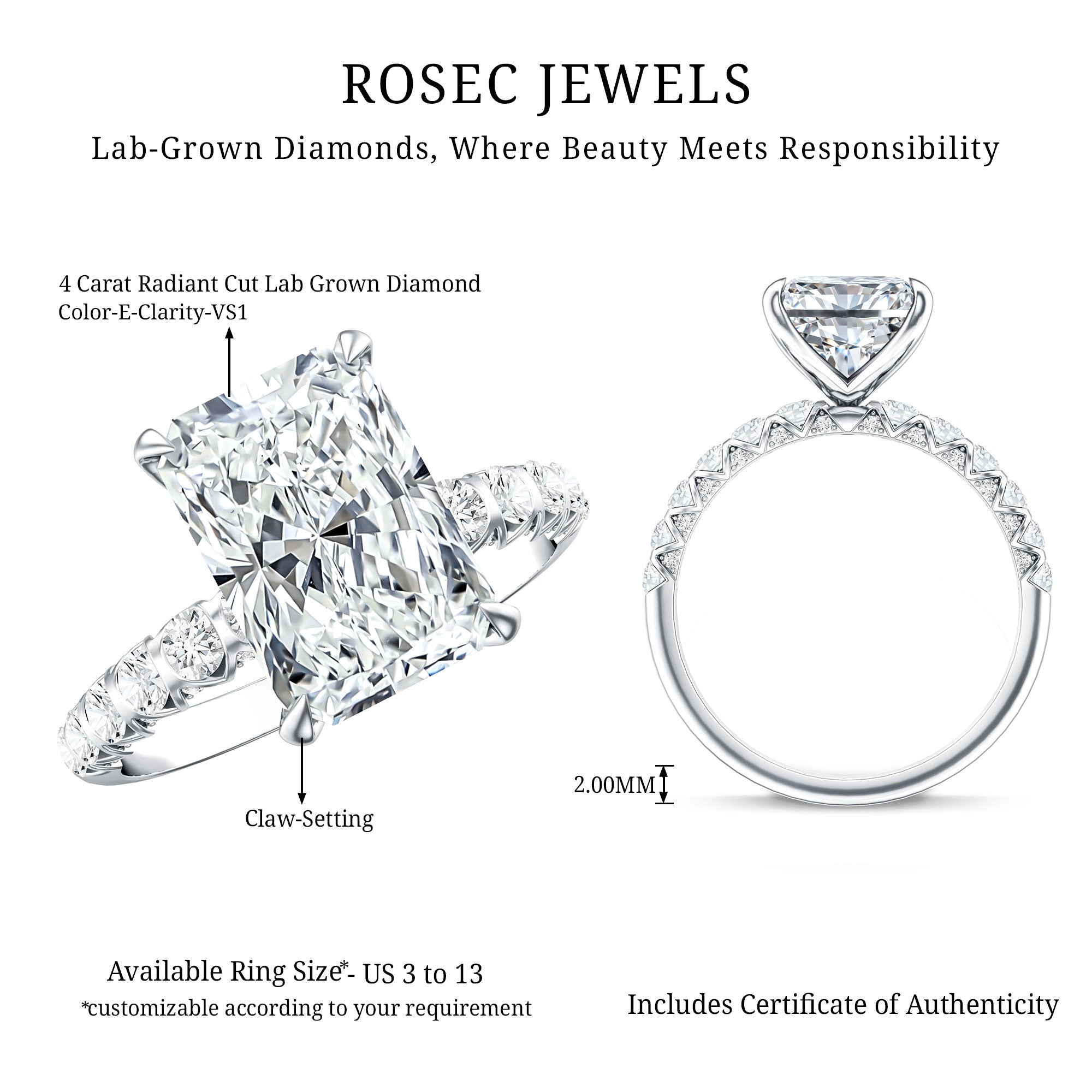 Rosec Jewels-4 Carat Radiant Cut Lab Grown Diamond Side Stone Engagement Ring IGI Certified