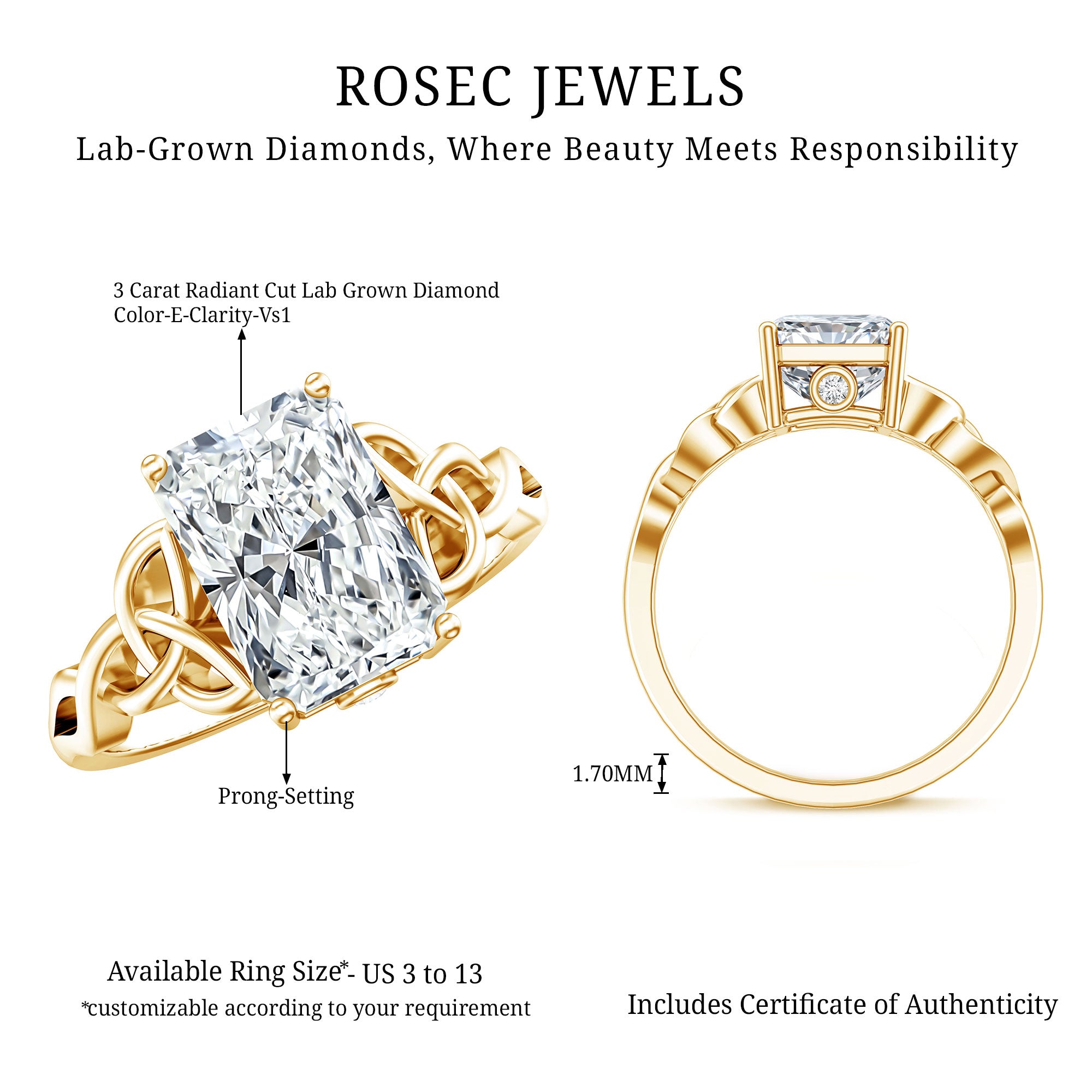 Rosec Jewels-IGI Certified 3 Carat Radiant Cut Lab Diamond Knot Engagement Ring