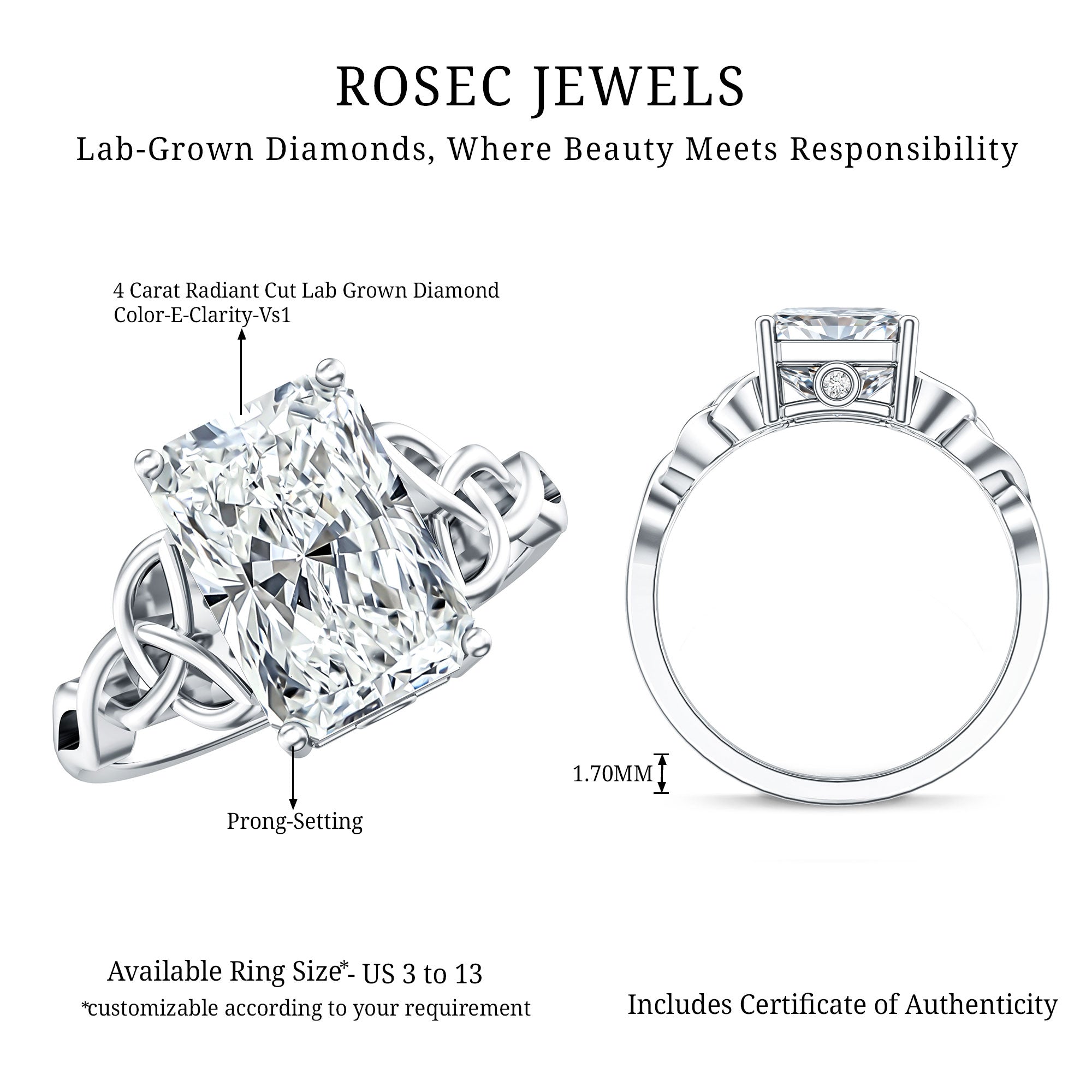 Rosec Jewels-Radiant Cut 4 Carat Lab Diamond Celtic Knot Engagement Ring with IGI Certificate