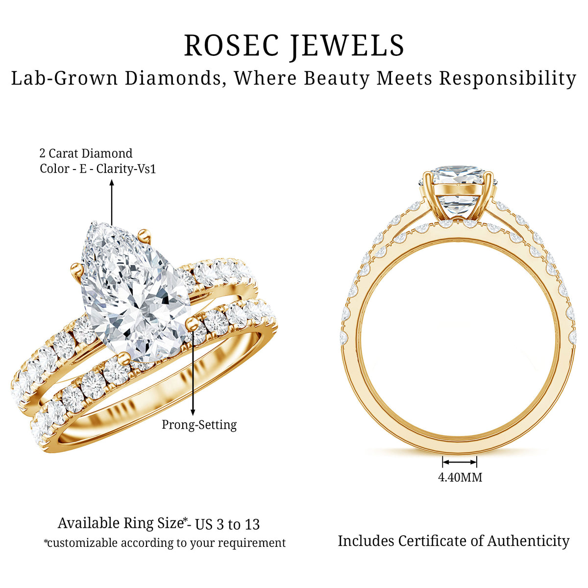 IGI Certified Lab Grown 2 Carat Diamond Pear Shaped Engagement Ring with Wedding Band Lab - ( E-VS1 ) - Rosec Jewels