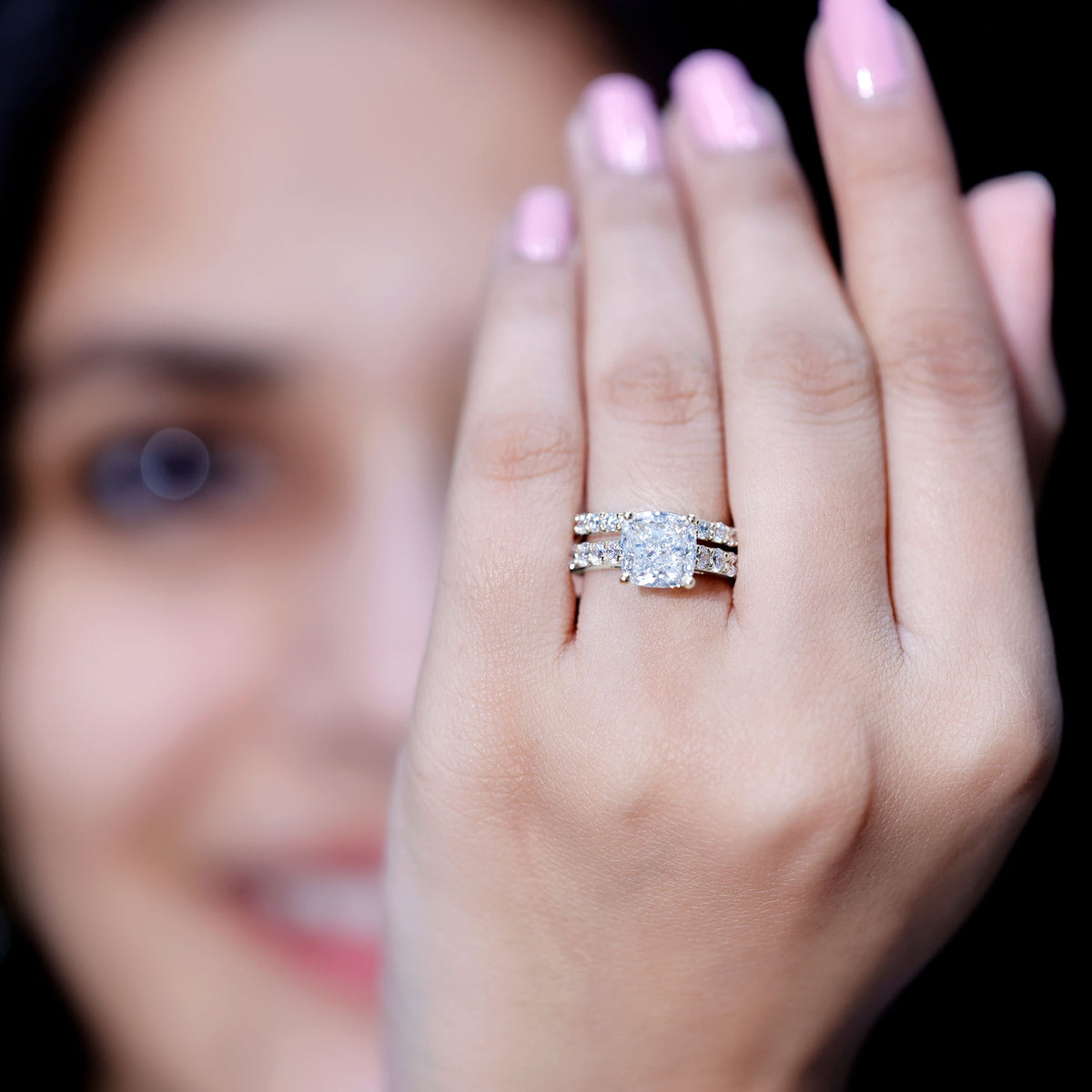 IGI Certified 3 Carat Lab Grown Diamond Cushion Cut Engagement Ring with Wedding Band Lab - ( E-VS1 ) - Rosec Jewels