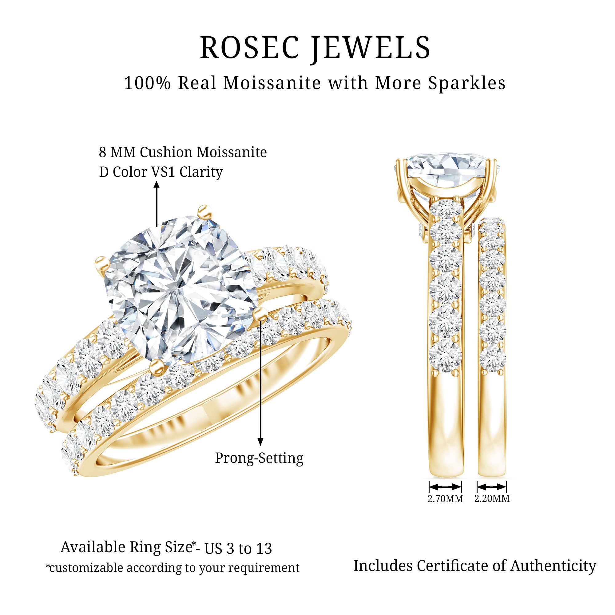IGI Certified 3 Carat Lab Grown Diamond Cushion Cut Engagement Ring with Wedding Band Lab - ( E-VS1 ) - Rosec Jewels