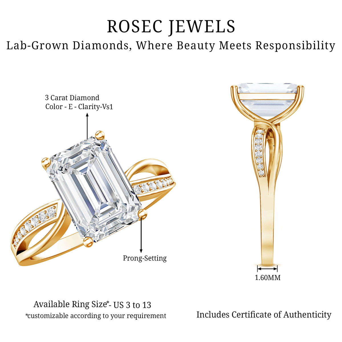 3 Carat Emerald Cut Lab Grown Diamond Infinity Engagement Ring IGI Certified Lab - ( E-VS1 ) - Rosec Jewels