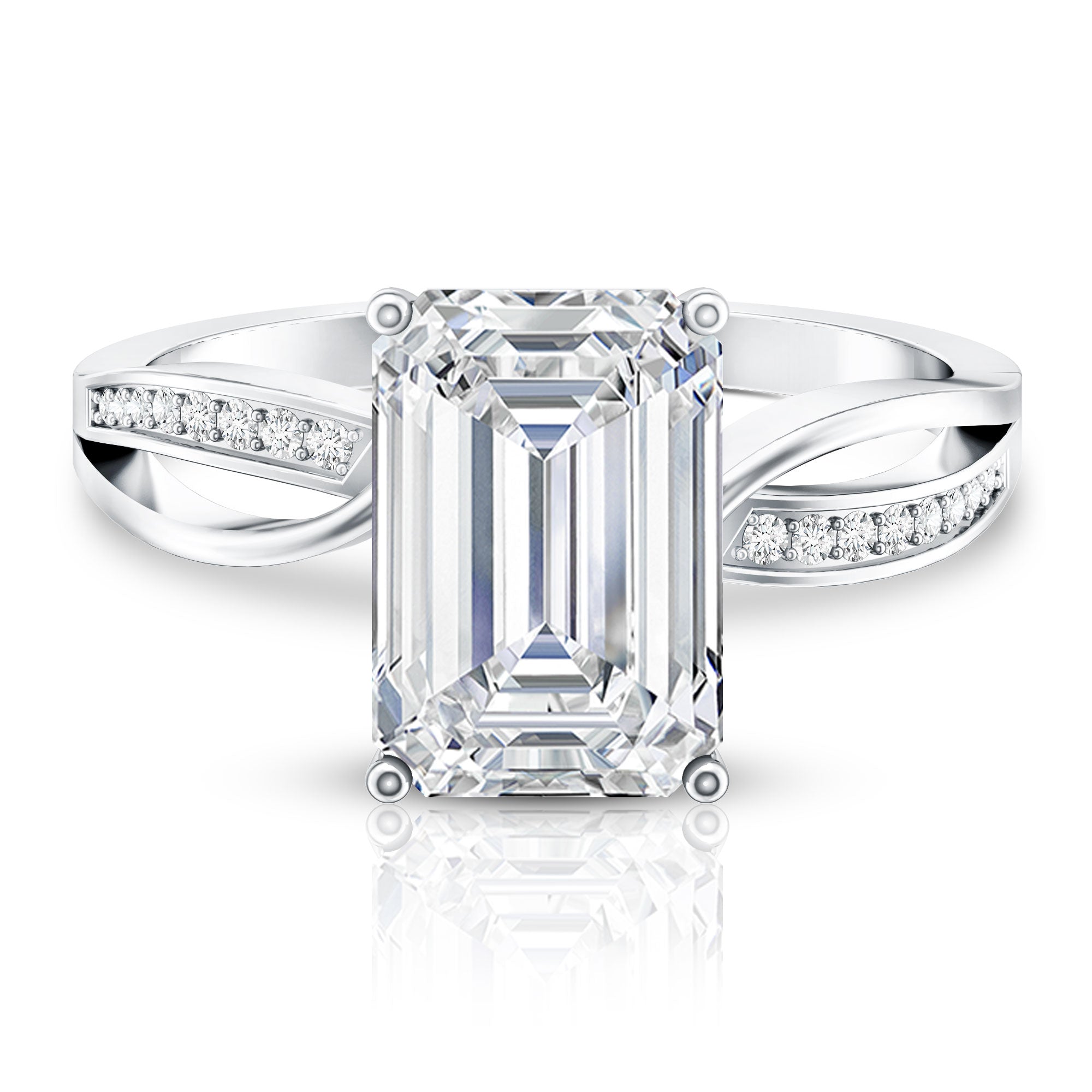 IGI Certified 4 Carat Lab Grown Diamond Emerald Cut Engagement Ring with Crossover Shank Lab - ( E-VS1 ) - Rosec Jewels