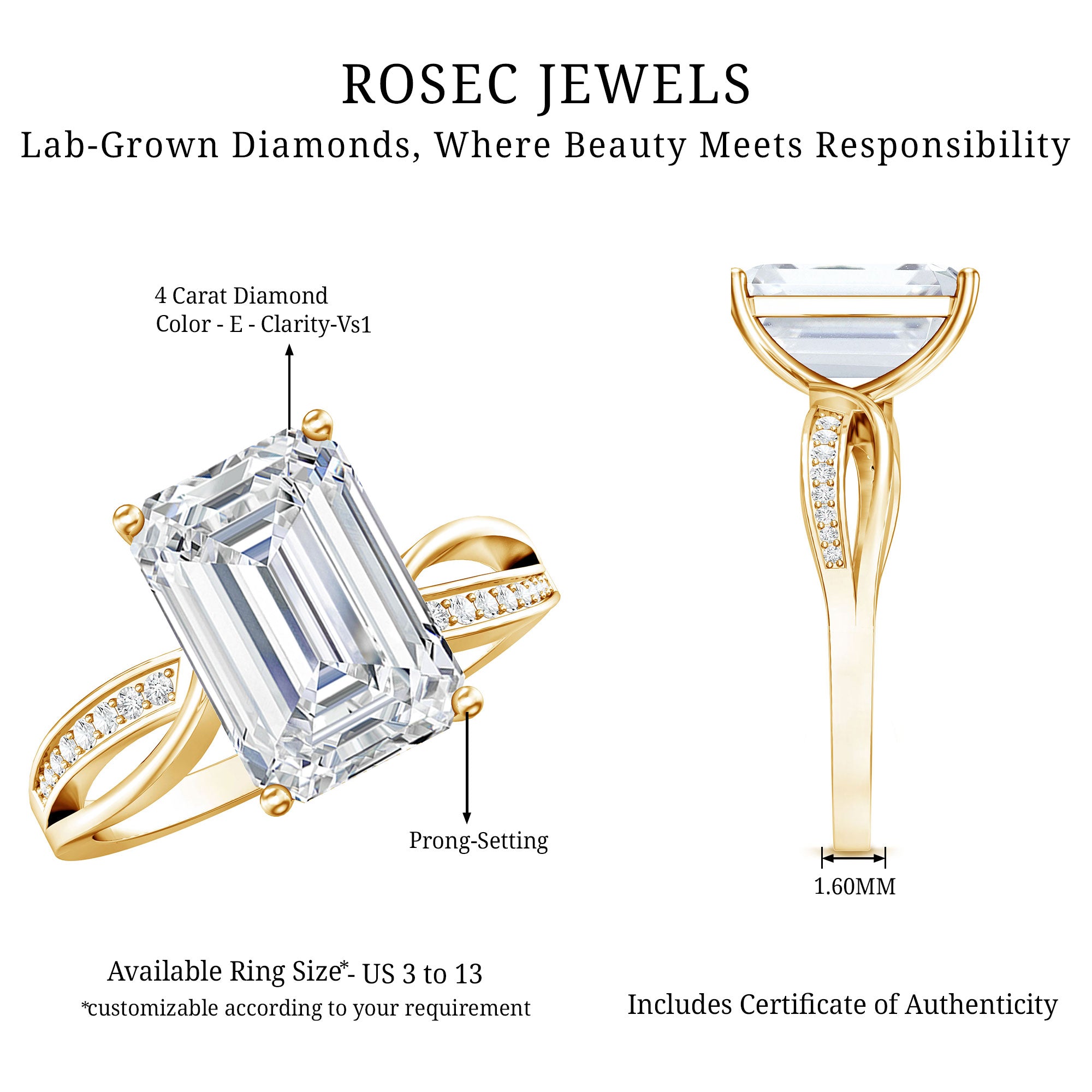 Rosec Jewels-IGI Certified 4 Carat Lab Grown Diamond Emerald Cut Engagement Ring with Crossover Shank
