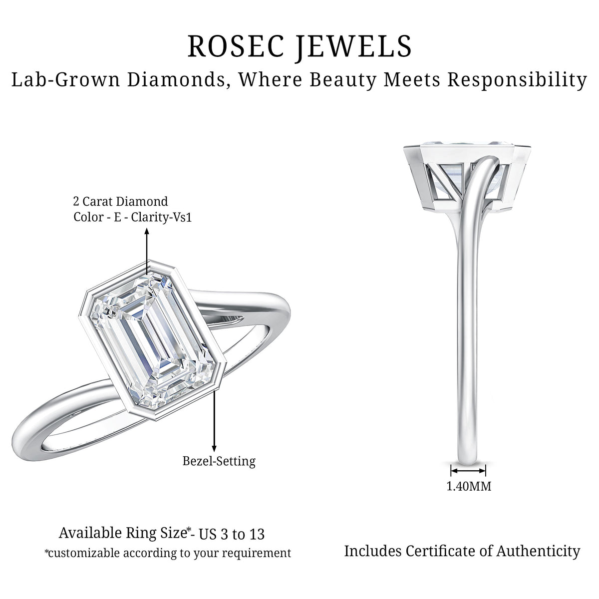 Solitaire 2 Carat Lab Grown Emerald Cut Diamond Bypass Engagement Ring IGI Certified Lab - ( E-VS1 ) - Rosec Jewels