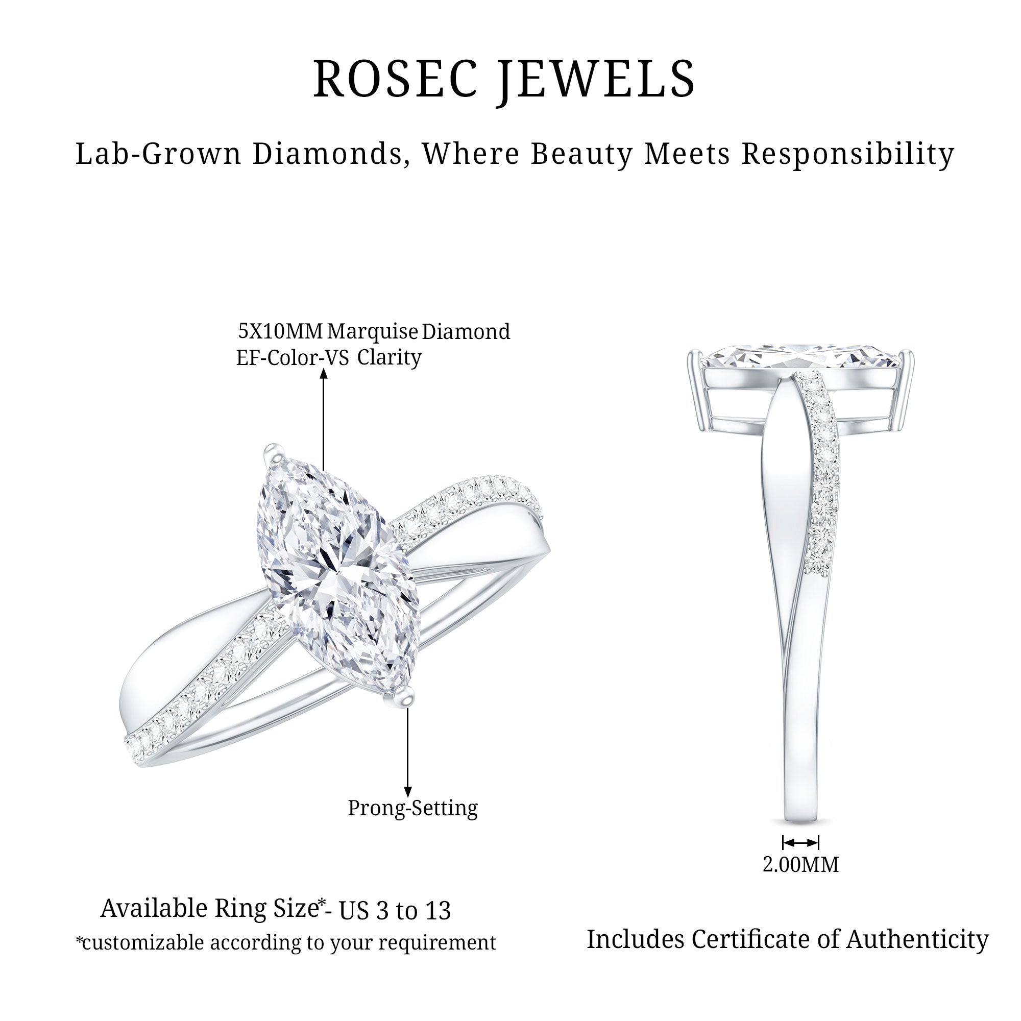 1 Carat Marquise Cut Engagement Ring with IGI Certified Lab Grown Diamond Lab - ( E-VS1 ) - Rosec Jewels
