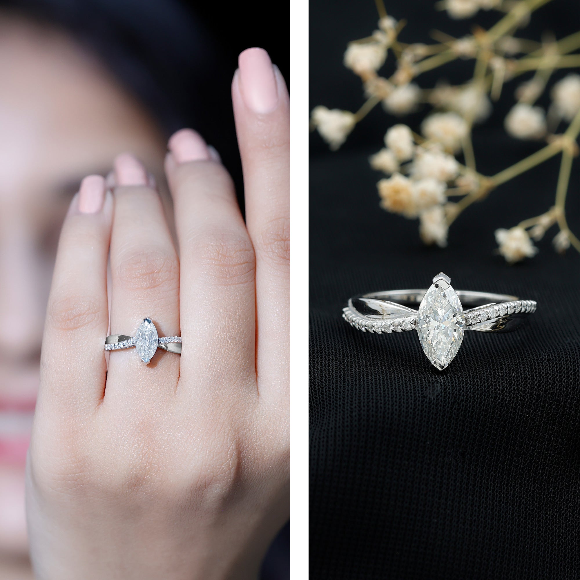 1 Carat Marquise Cut Engagement Ring with IGI Certified Lab Grown Diamond Lab - ( E-VS1 ) - Rosec Jewels