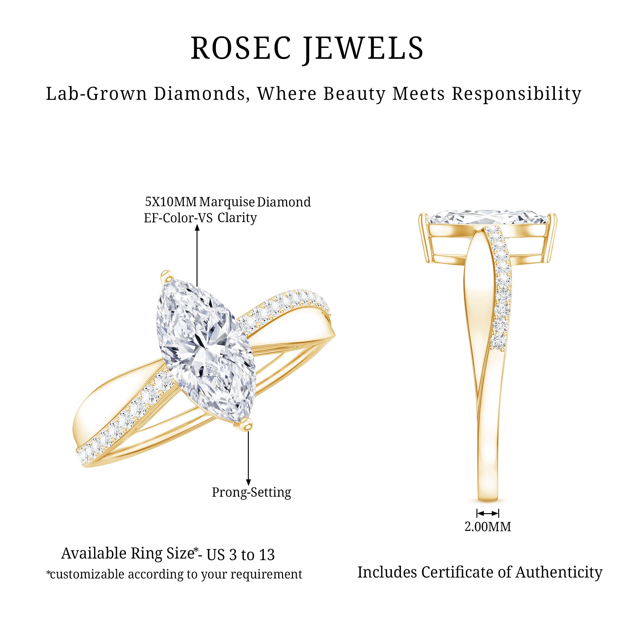 1 Carat Marquise Cut Engagement Ring with IGI Certified Lab Grown Diamond Lab - ( E-VS1 ) - Rosec Jewels