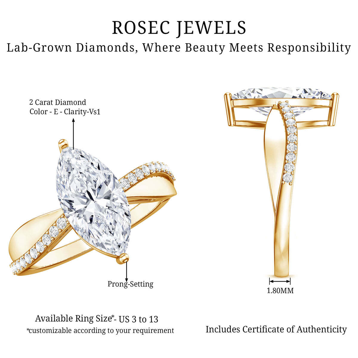 IGI Certified Lab Grown Diamond Marquise Solitaire Engagement Ring 2 Carat Lab - ( E-VS1 ) - Rosec Jewels