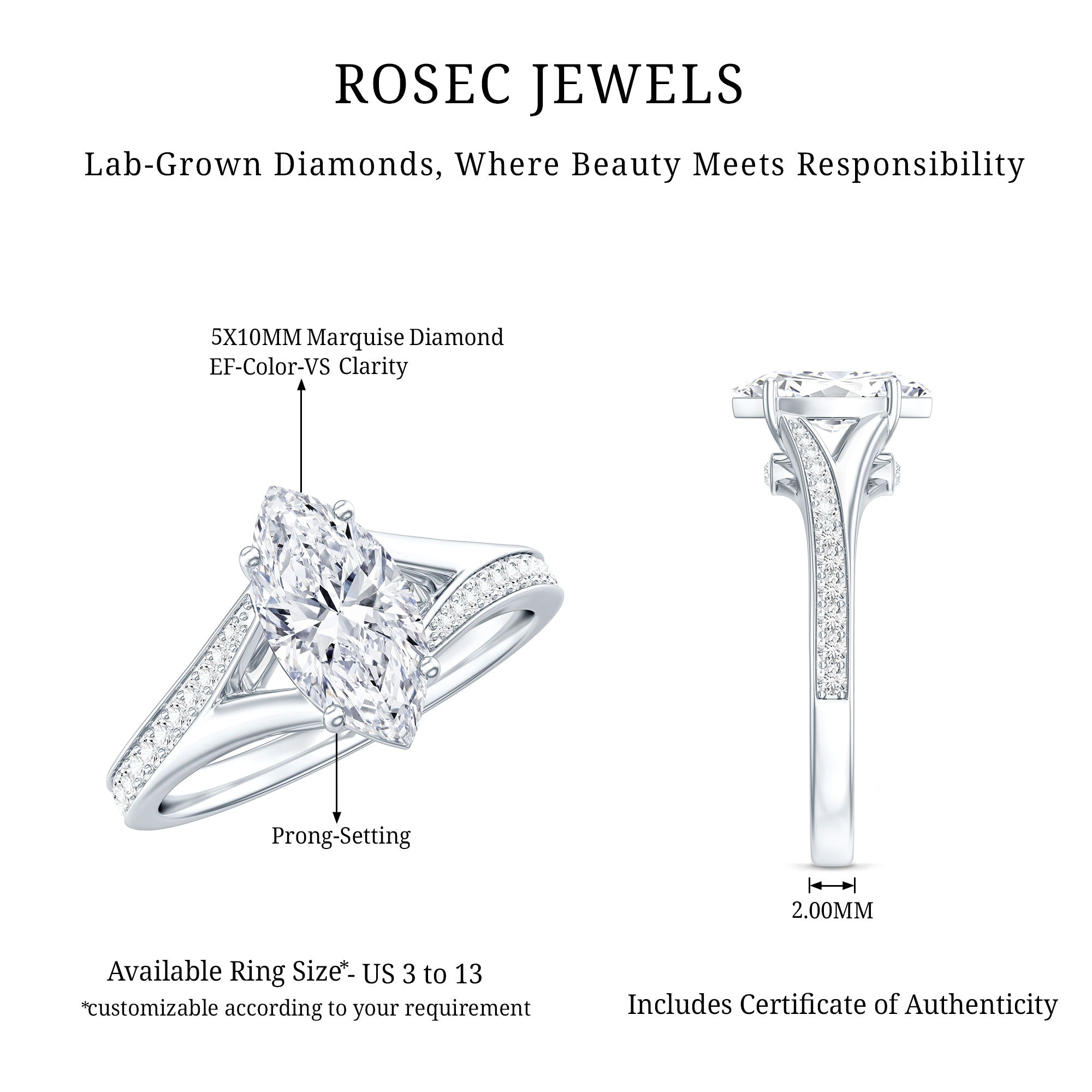 IGI Certified 1 Carat Marquise Lab Grown Diamond Engagement Ring with Split Shank Lab - ( E-VS1 ) - Rosec Jewels