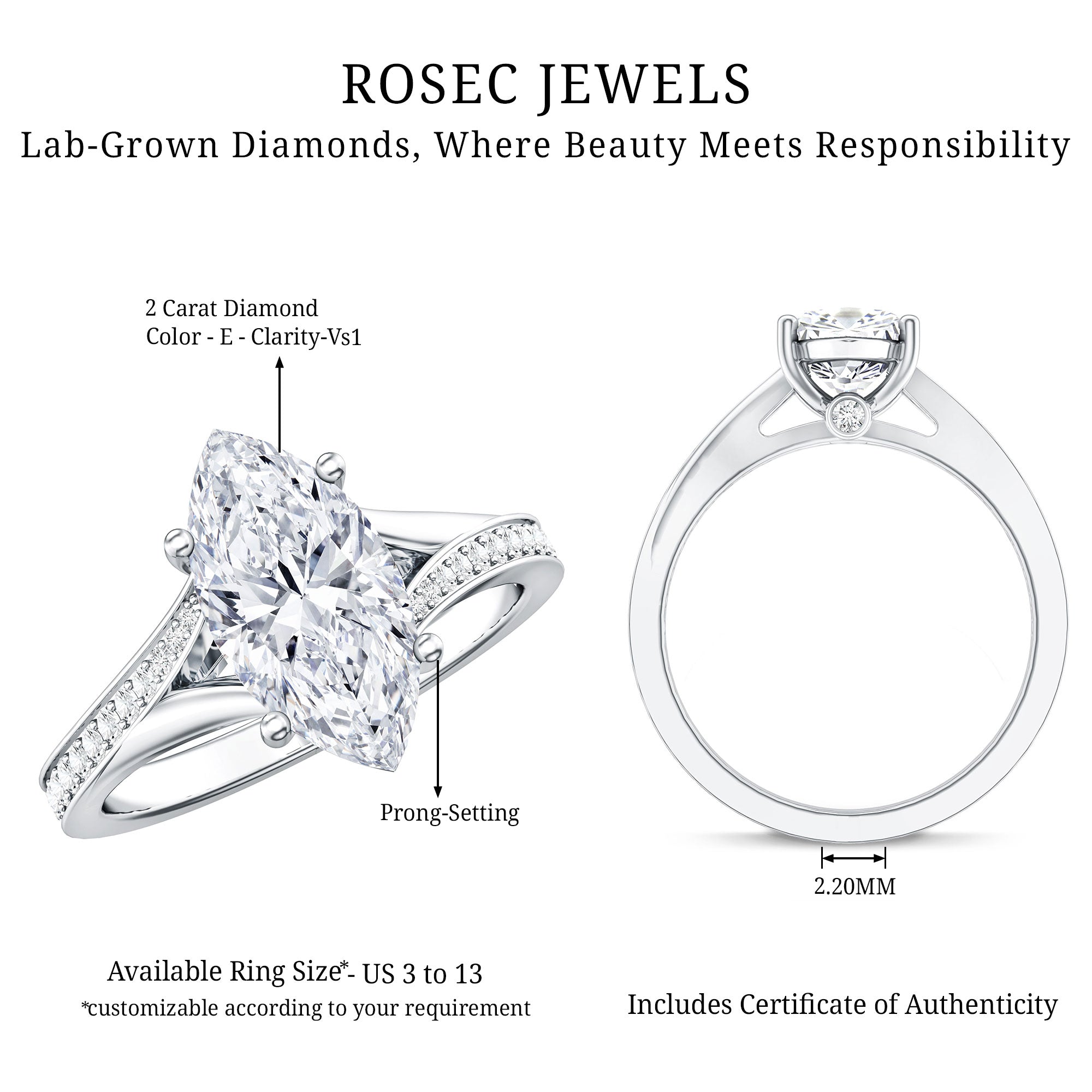 Rosec Jewels-2 Carat IGI Certified Lab Grown Diamond Marquise Engagement Ring with Split Shank