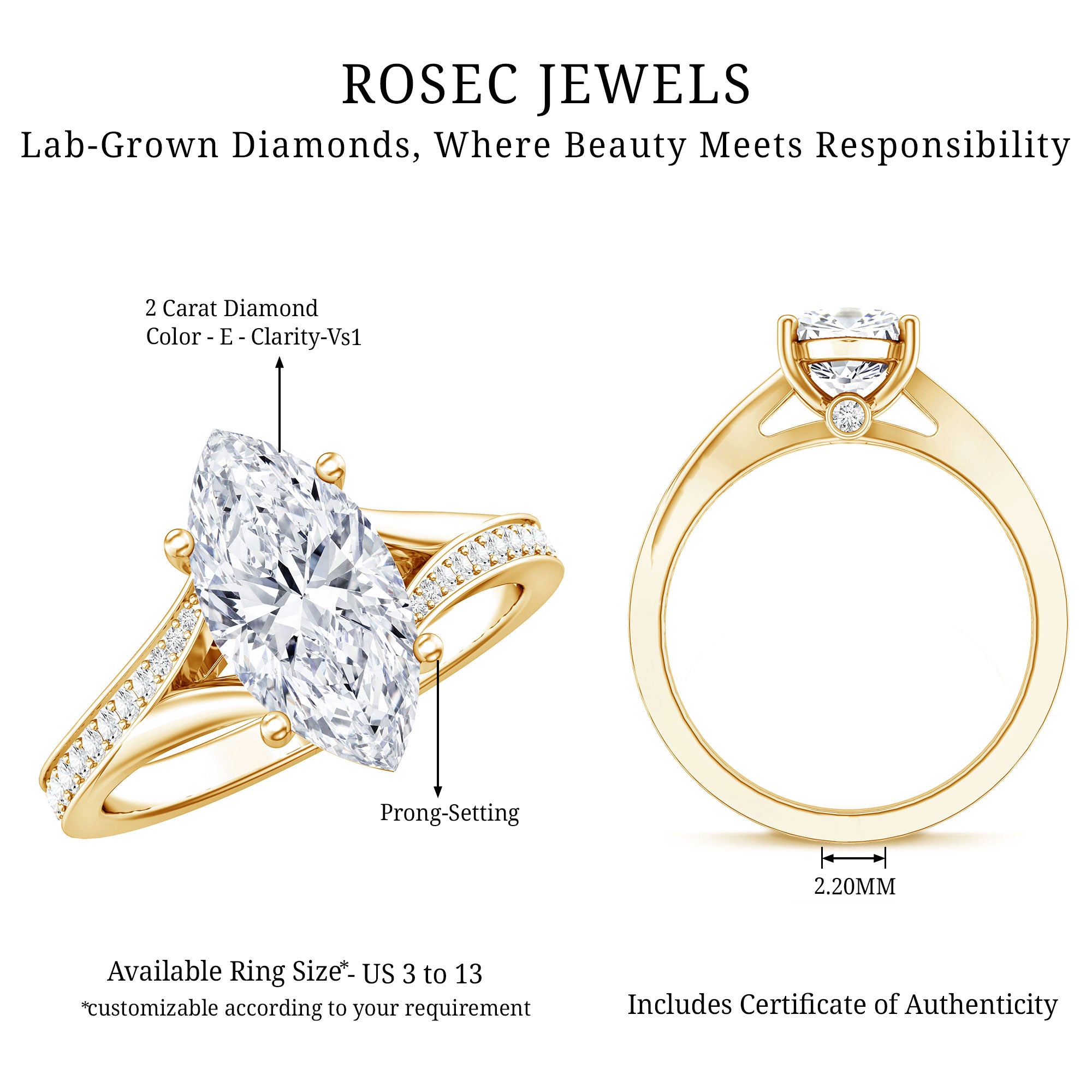 2 Carat IGI Certified Lab Grown Diamond Marquise Engagement Ring with Split Shank Lab - ( E-VS1 ) - Rosec Jewels