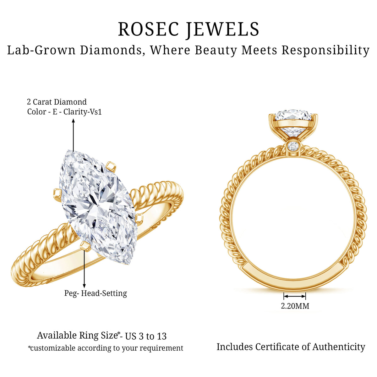 Marquise Cut 2 Carat Lab Grown Diamond Solitaire Engagement Ring IGI Certified Lab - ( E-VS1 ) - Rosec Jewels
