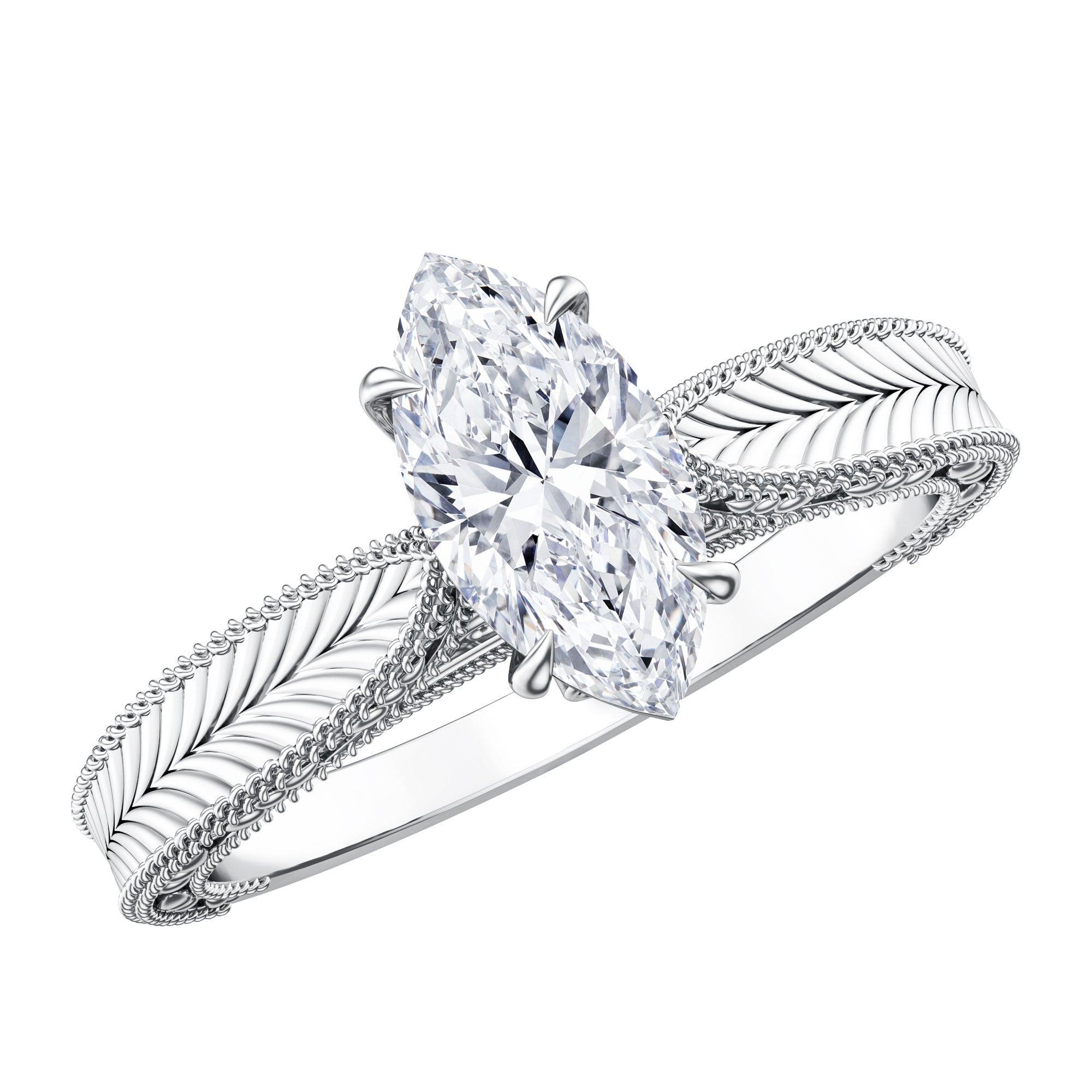 IGI Certified Vintage Looking Engraved Engagement Ring with 1 Carat Marquise Lab Diamond Lab - ( E-VS1 ) - Rosec Jewels