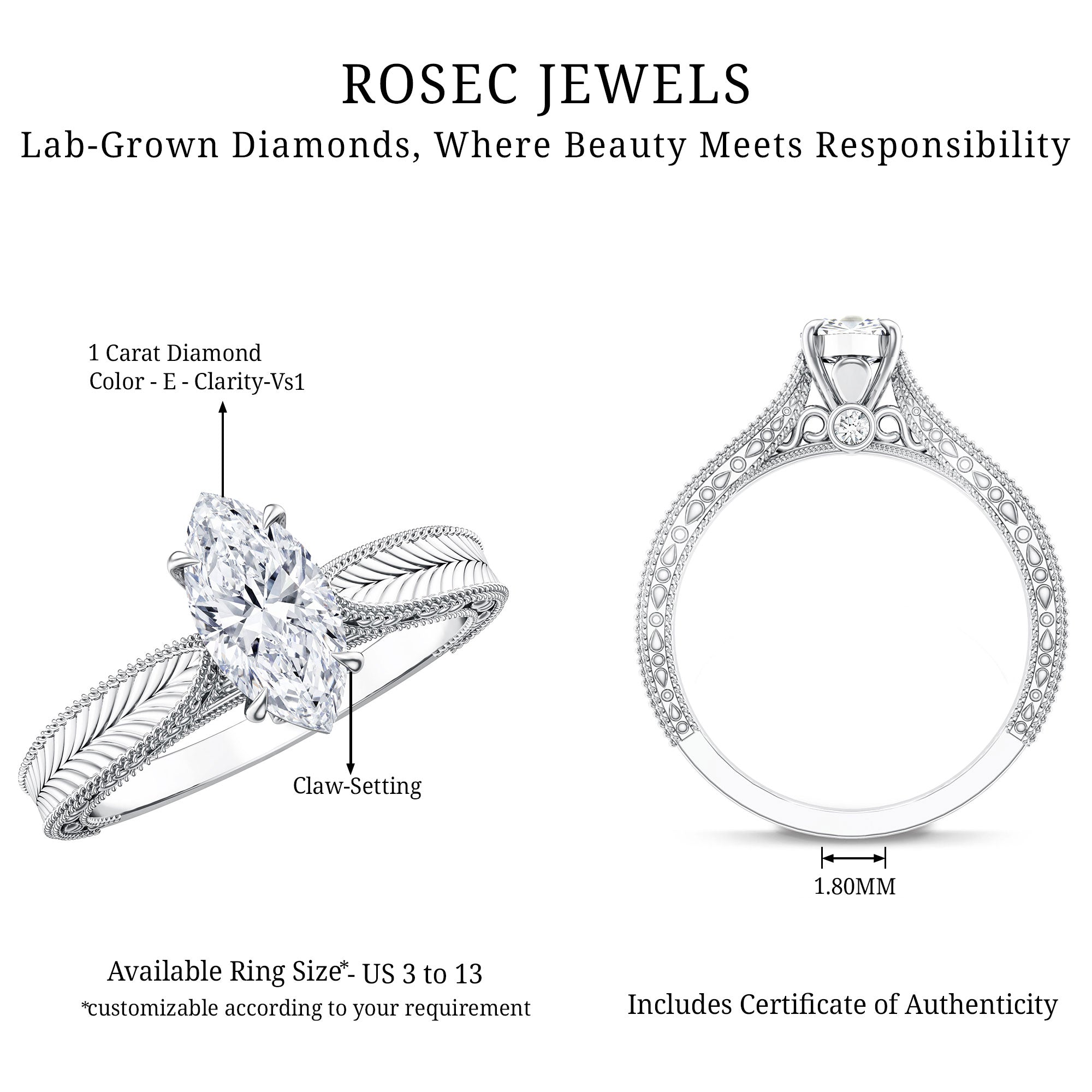 IGI Certified Vintage Looking Engraved Engagement Ring with 1 Carat Marquise Lab Diamond Lab - ( E-VS1 ) - Rosec Jewels