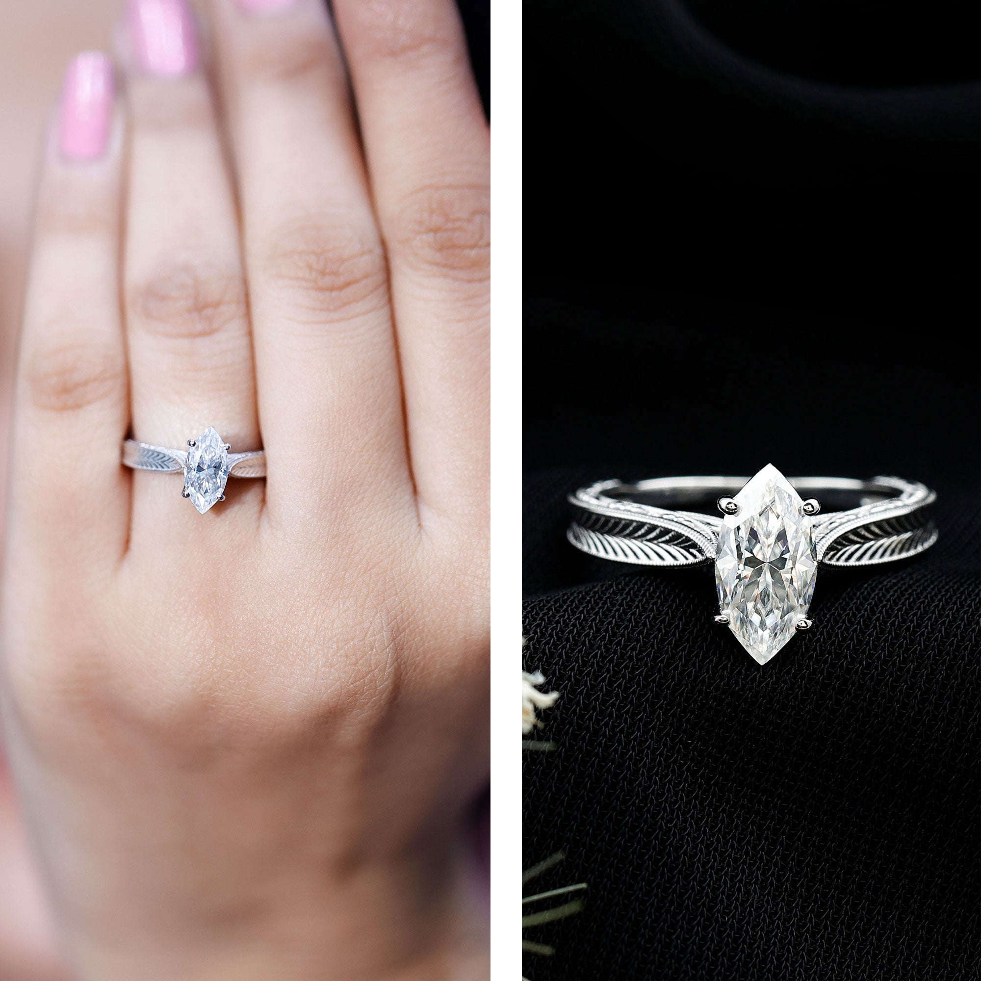 IGI Certified Vintage Looking Engraved Engagement Ring with 1 Carat Marquise Lab Diamond Lab - ( E-VS1 ) - Rosec Jewels