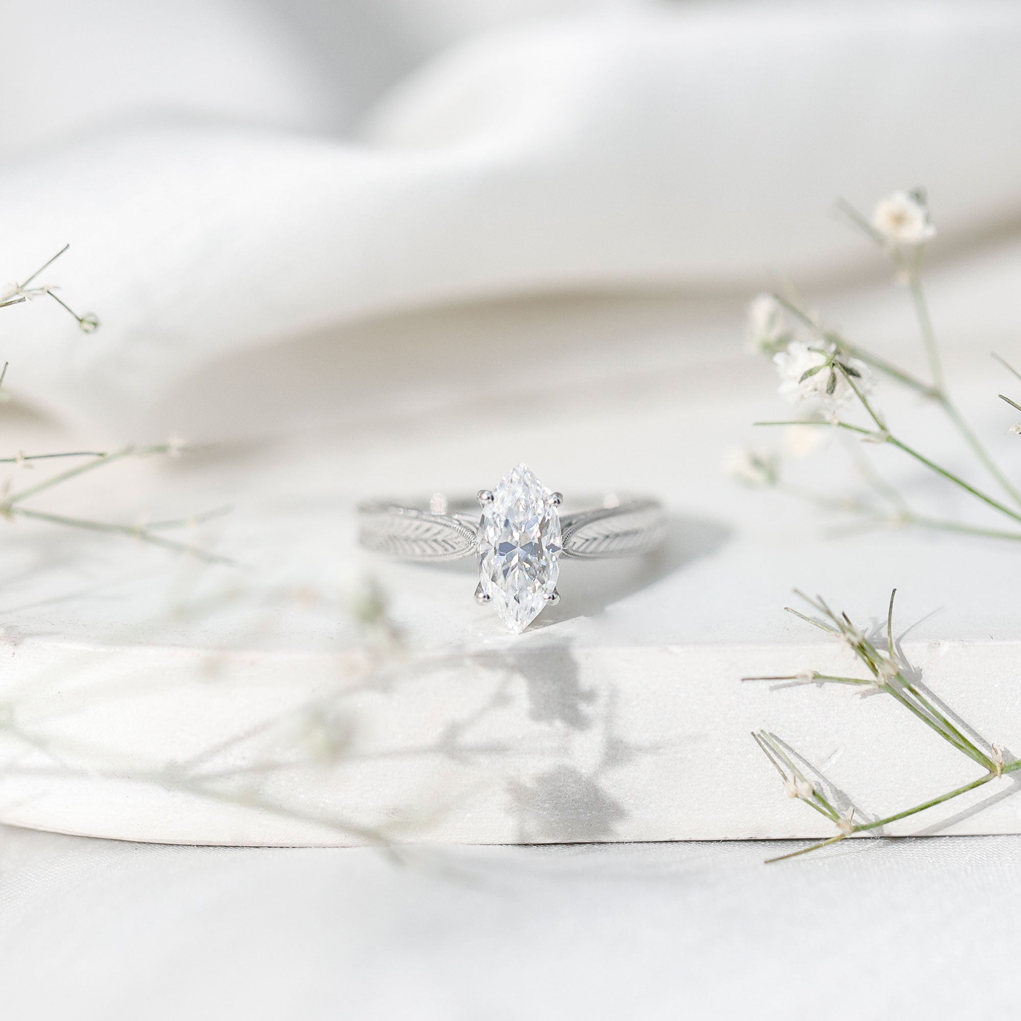 IGI Certified Vintage Looking Engraved Engagement Ring with 1 Carat Marquise Lab Diamond Lab - ( E-VS1 ) - Rosec Jewels