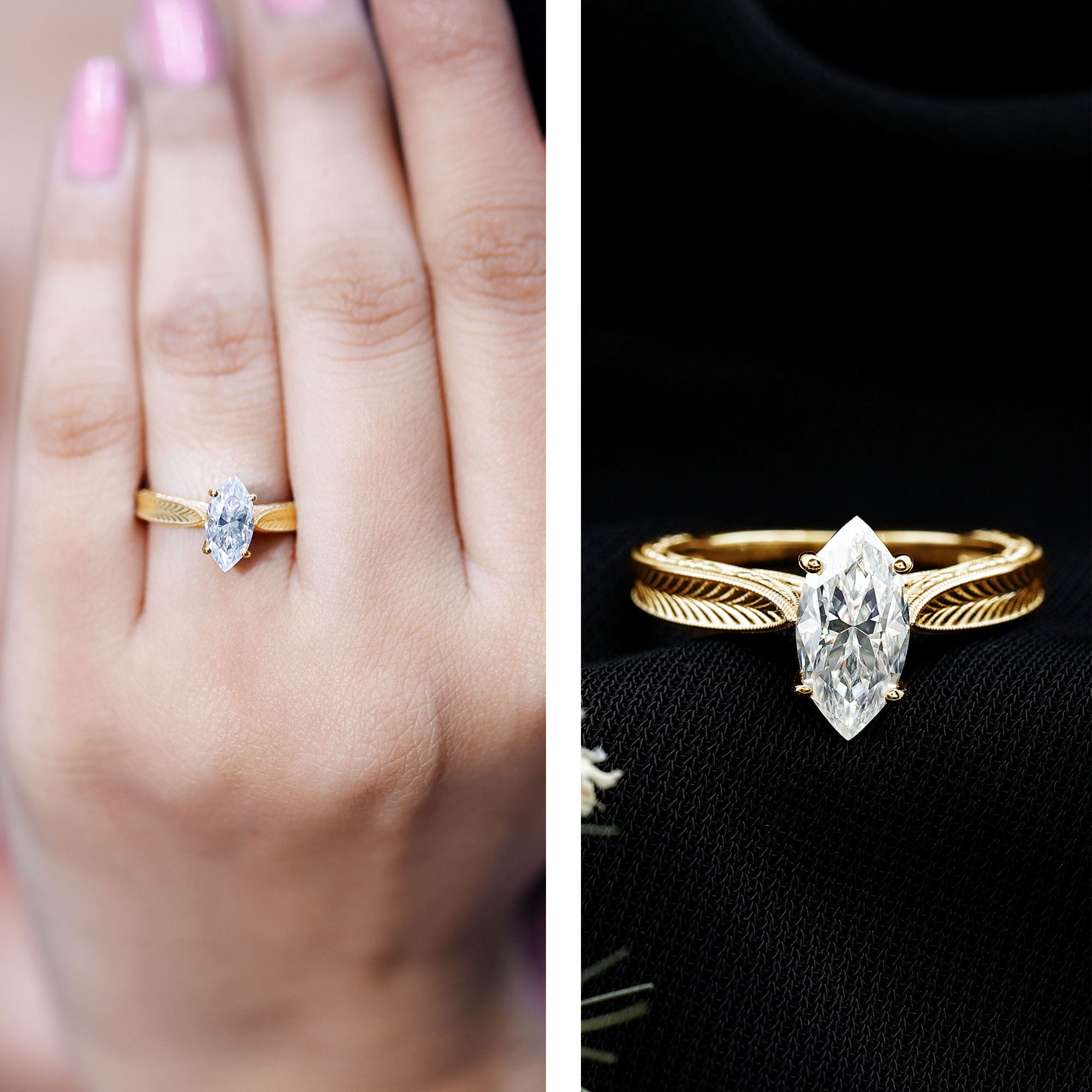 IGI Certified Vintage Looking Engraved Engagement Ring with 1 Carat Marquise Lab Diamond Lab - ( E-VS1 ) - Rosec Jewels
