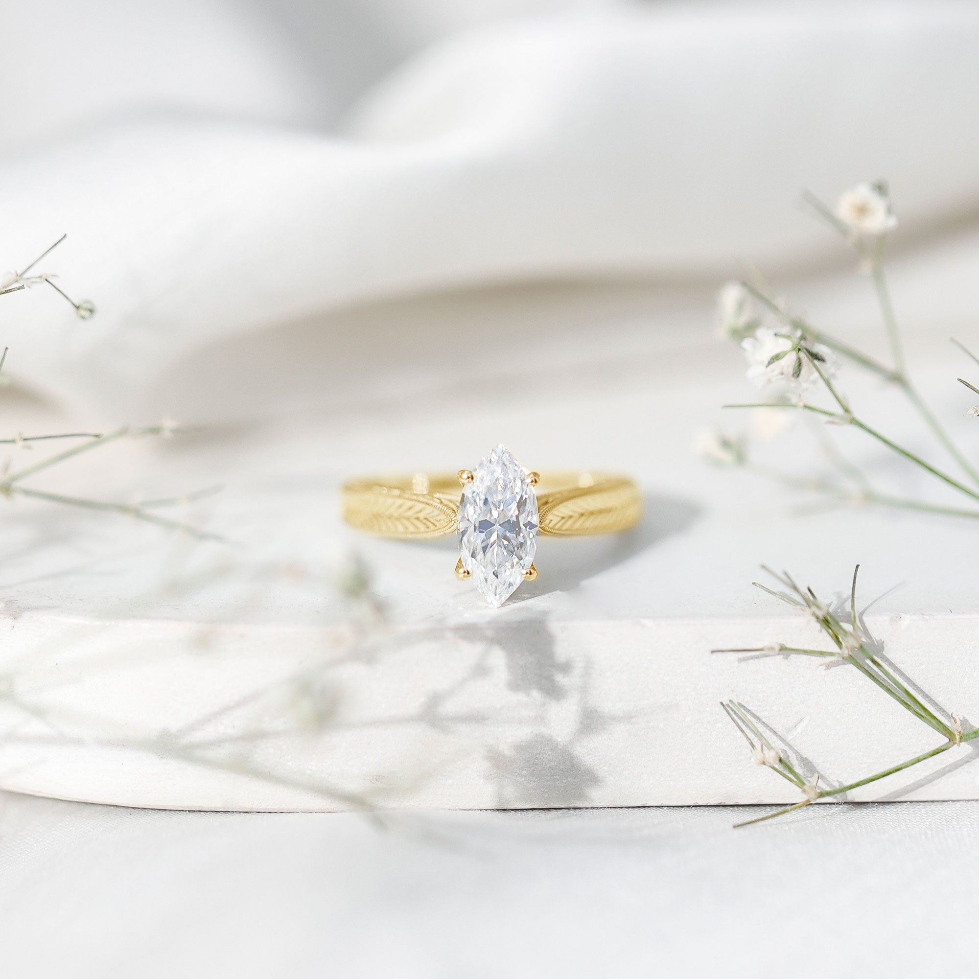 IGI Certified Vintage Looking Engraved Engagement Ring with 1 Carat Marquise Lab Diamond Lab - ( E-VS1 ) - Rosec Jewels