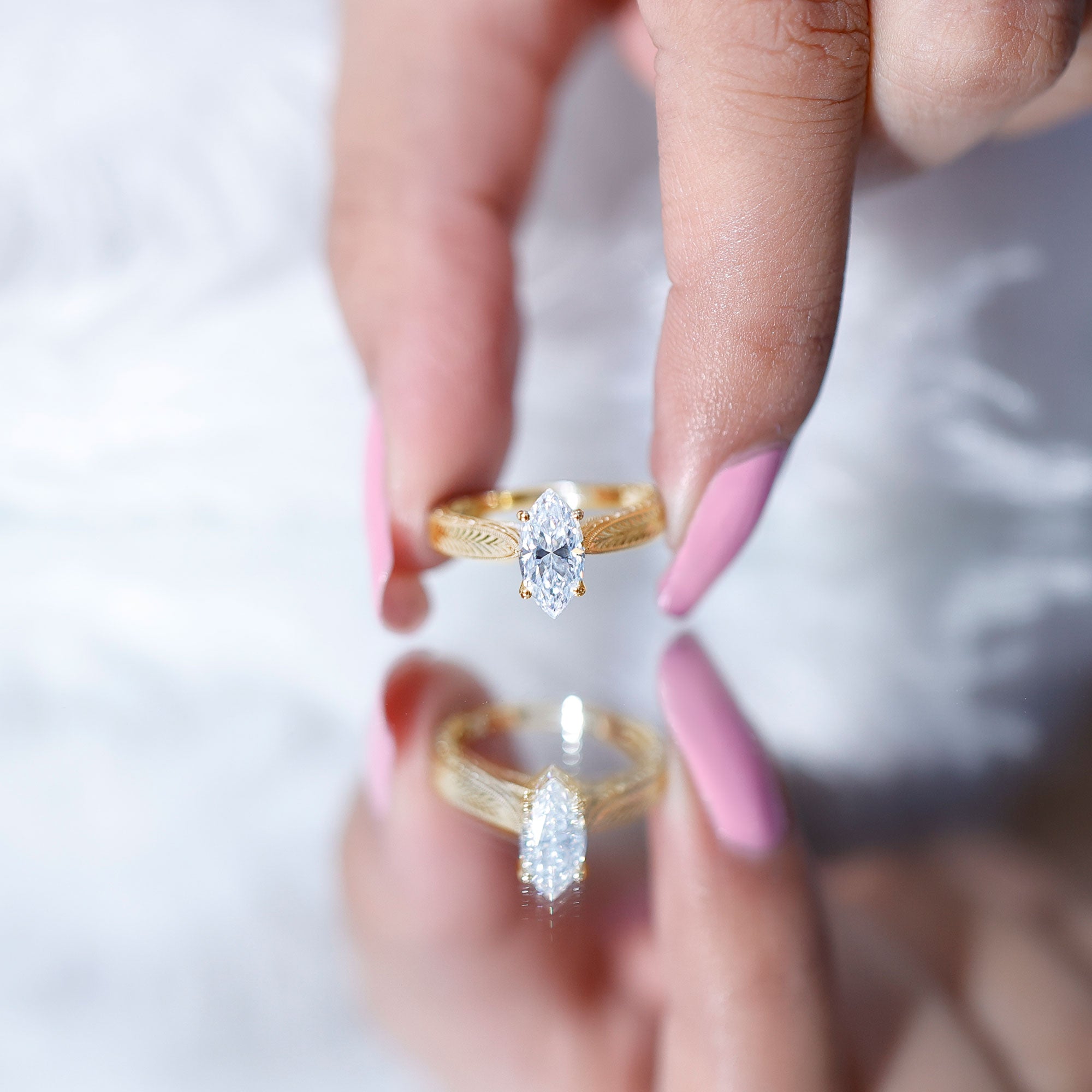 IGI Certified Vintage Looking Engraved Engagement Ring with 1 Carat Marquise Lab Diamond Lab - ( E-VS1 ) - Rosec Jewels